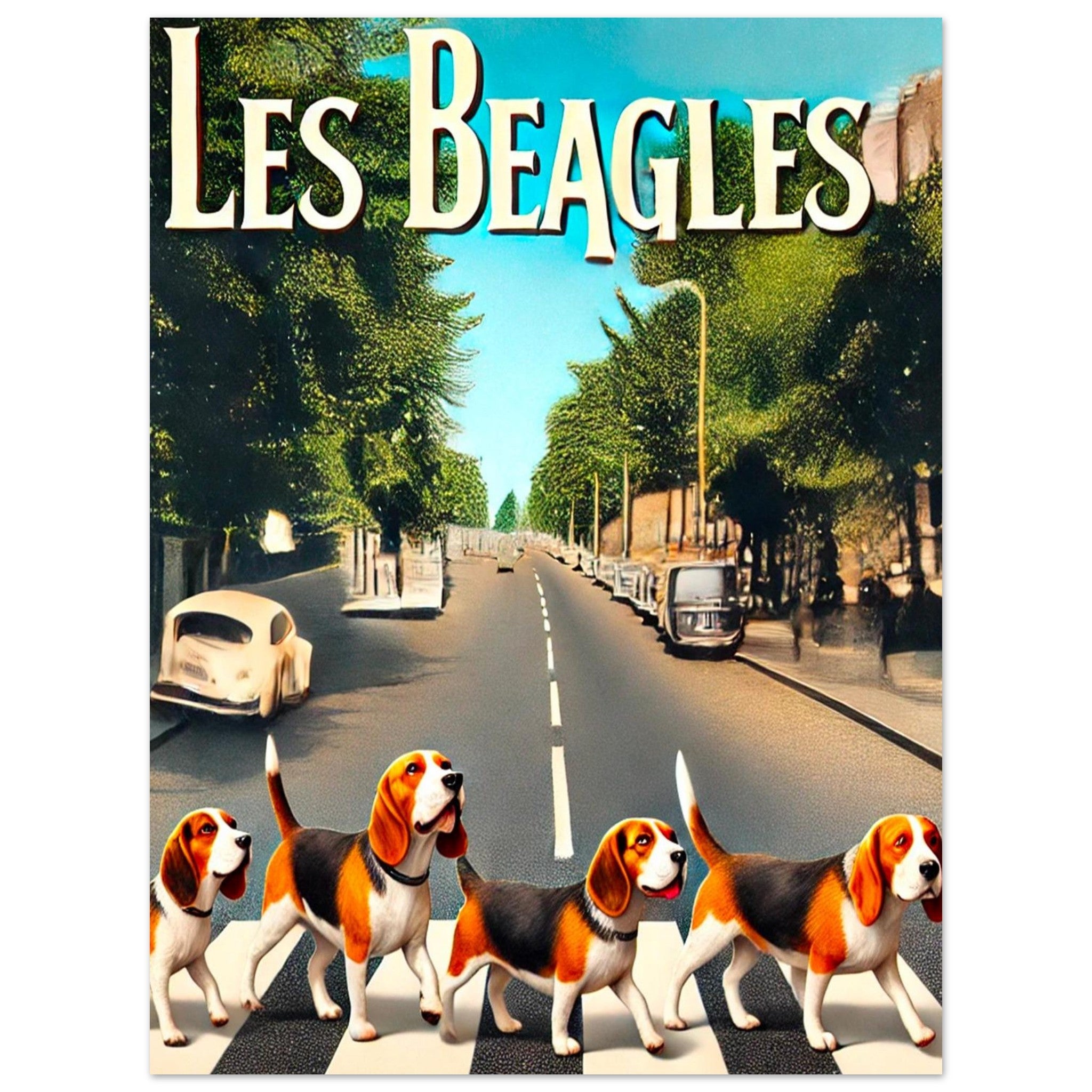 Parodie intitulée « Les Beagles » de la pochette Abbey Road : quatre chiens beagles traversent un passage piéton sur une rue urbaine bordée d’arbres et de véhicules anciens.