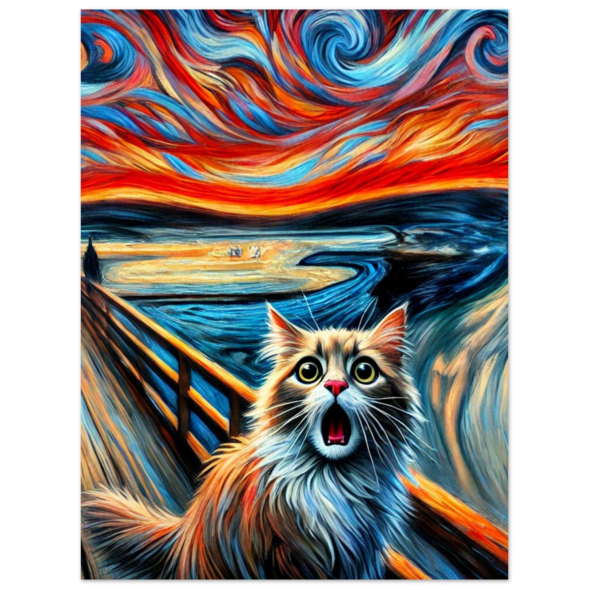 Chat effrayé à la bouche ouverte sur une passerelle en bois, devant un paysage tourbillonnant aux couleurs vives rouge, orange et bleu inspiré du “Cri” de Munch