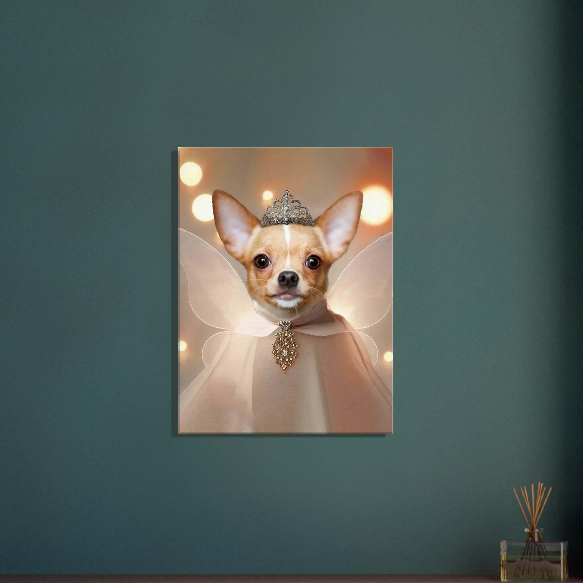 Portrait animal personnalisé sur toile, imprimé en France avec papier FSC, montrant un chien majestueux en tenue de fée.