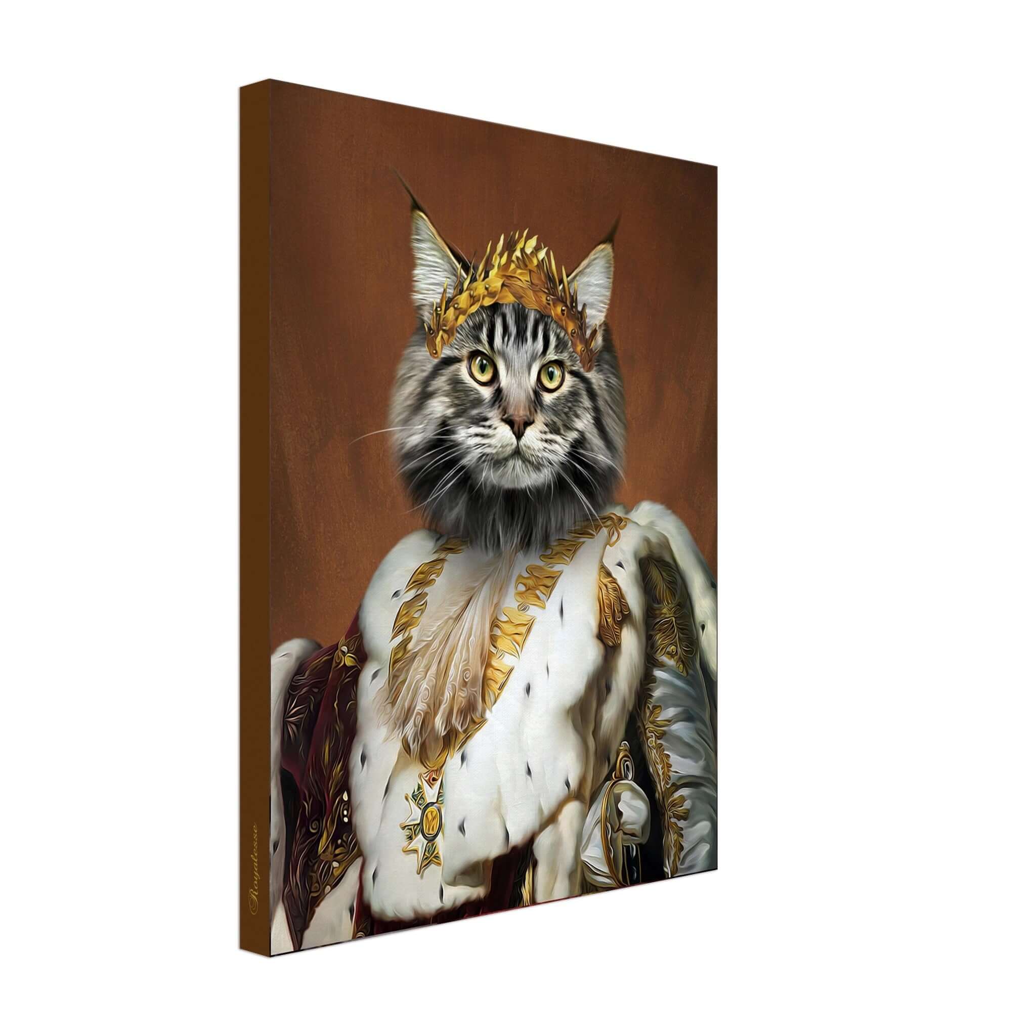Toile personnalisée d'un chat couronné en empereur, imprimé en France sur papier FSC, offrant une œuvre d'art unique et intemporelle.