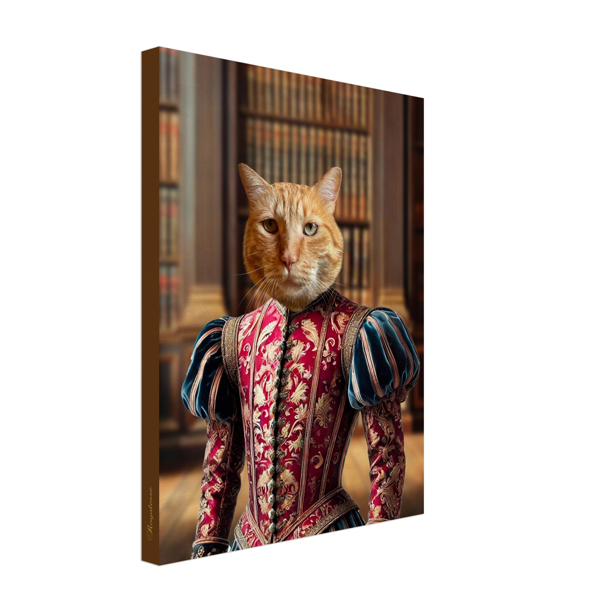 Portrait animal personnalisé sur toile "Prince de Venise" - Chat habillé en tenue royale devant bibliothèque, art unique et raffiné.