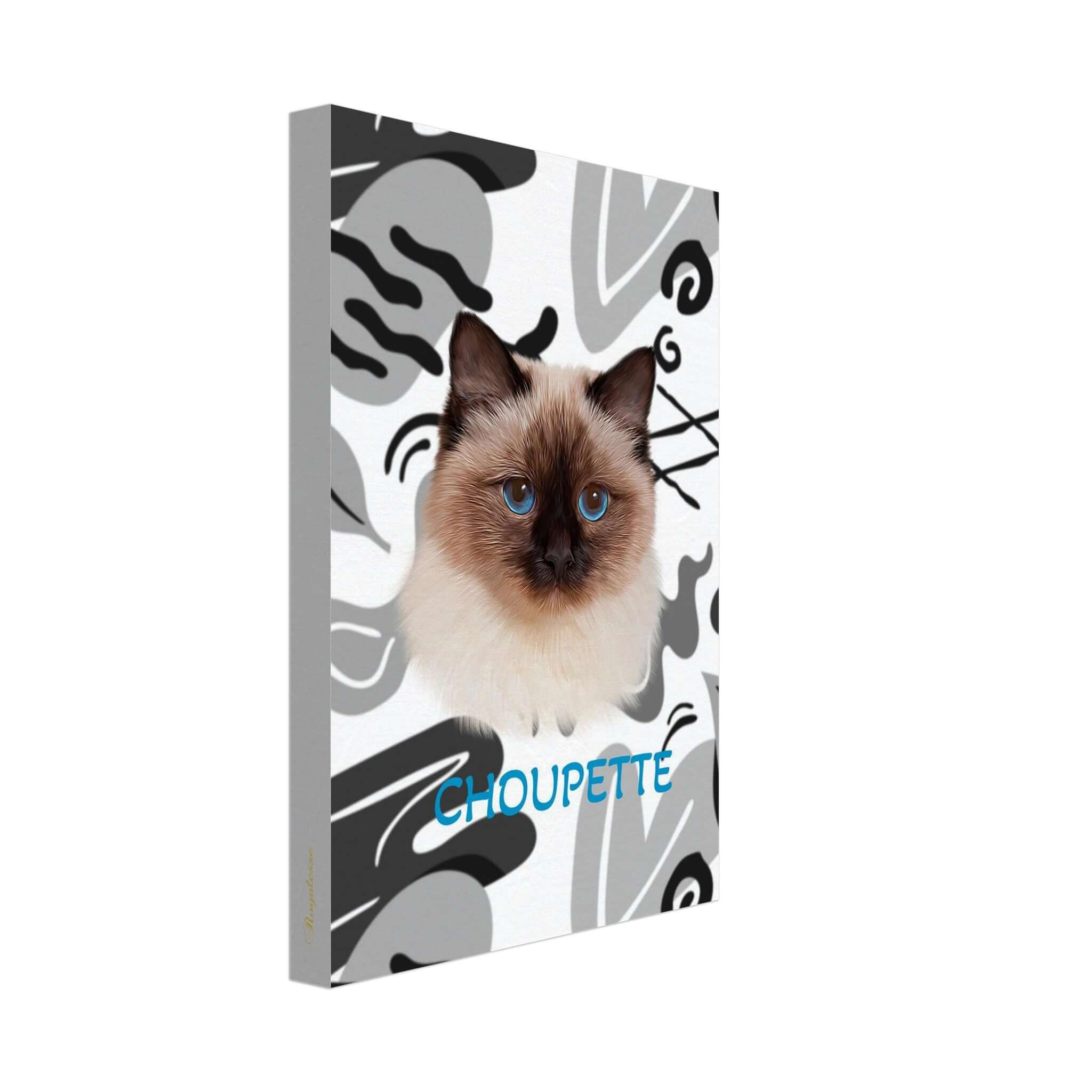 Portrait personnalisé de chat imprimé en France sur toile, mettant en valeur la beauté intemporelle avec papier FSC de qualité.