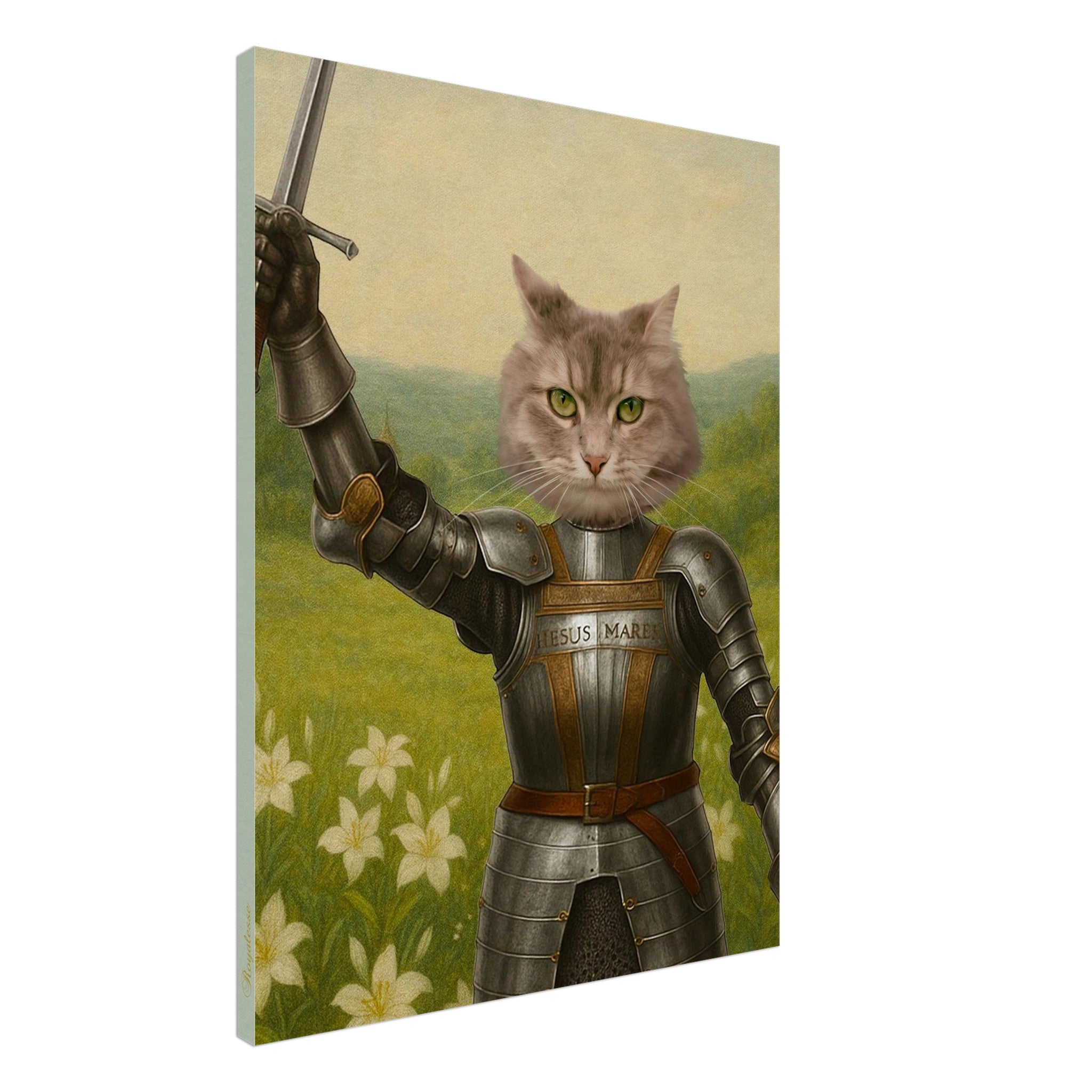 Chat gris en armure médiévale brandissant une épée, debout dans un pré verdoyant parsemé de lys blancs.