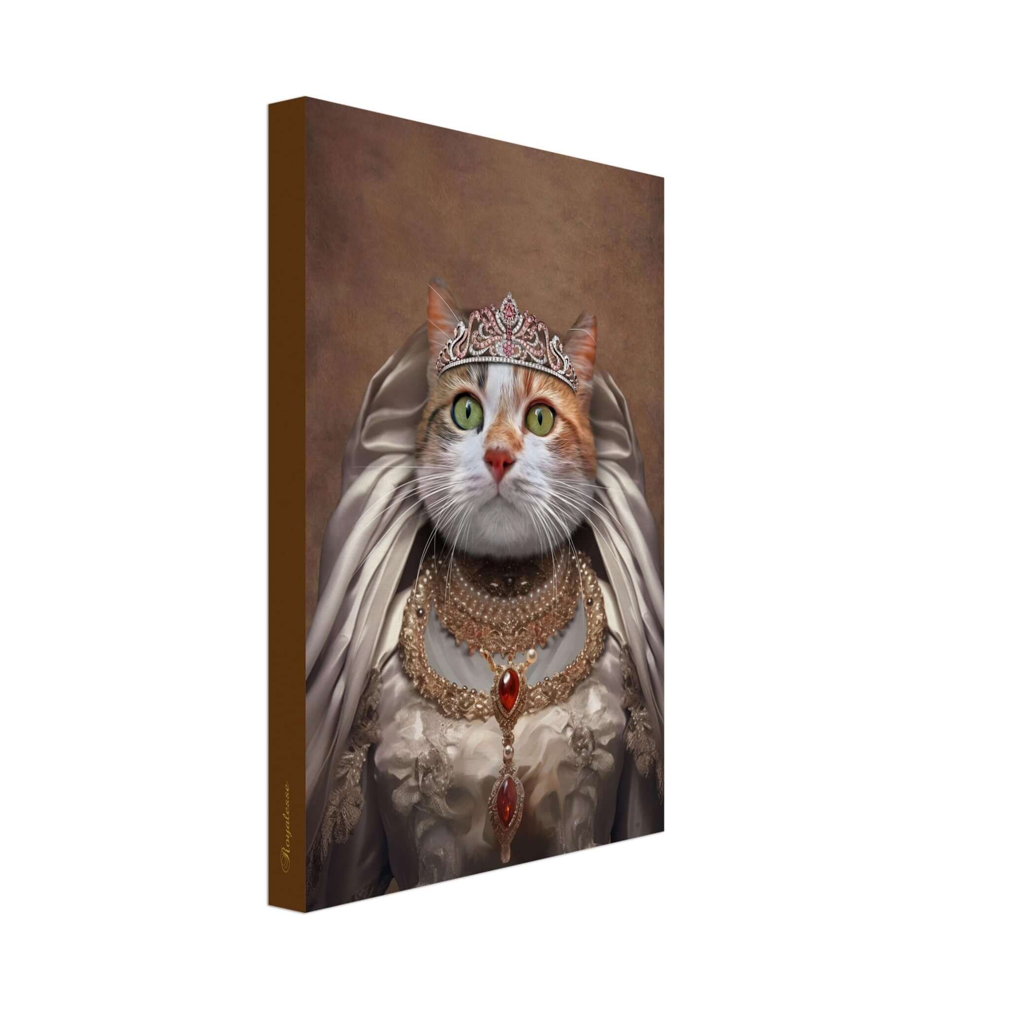Portrait personnalisé de chat en robe royale, imprimé en France sur toile de papier FSC, offrant une beauté et texture intemporelles.