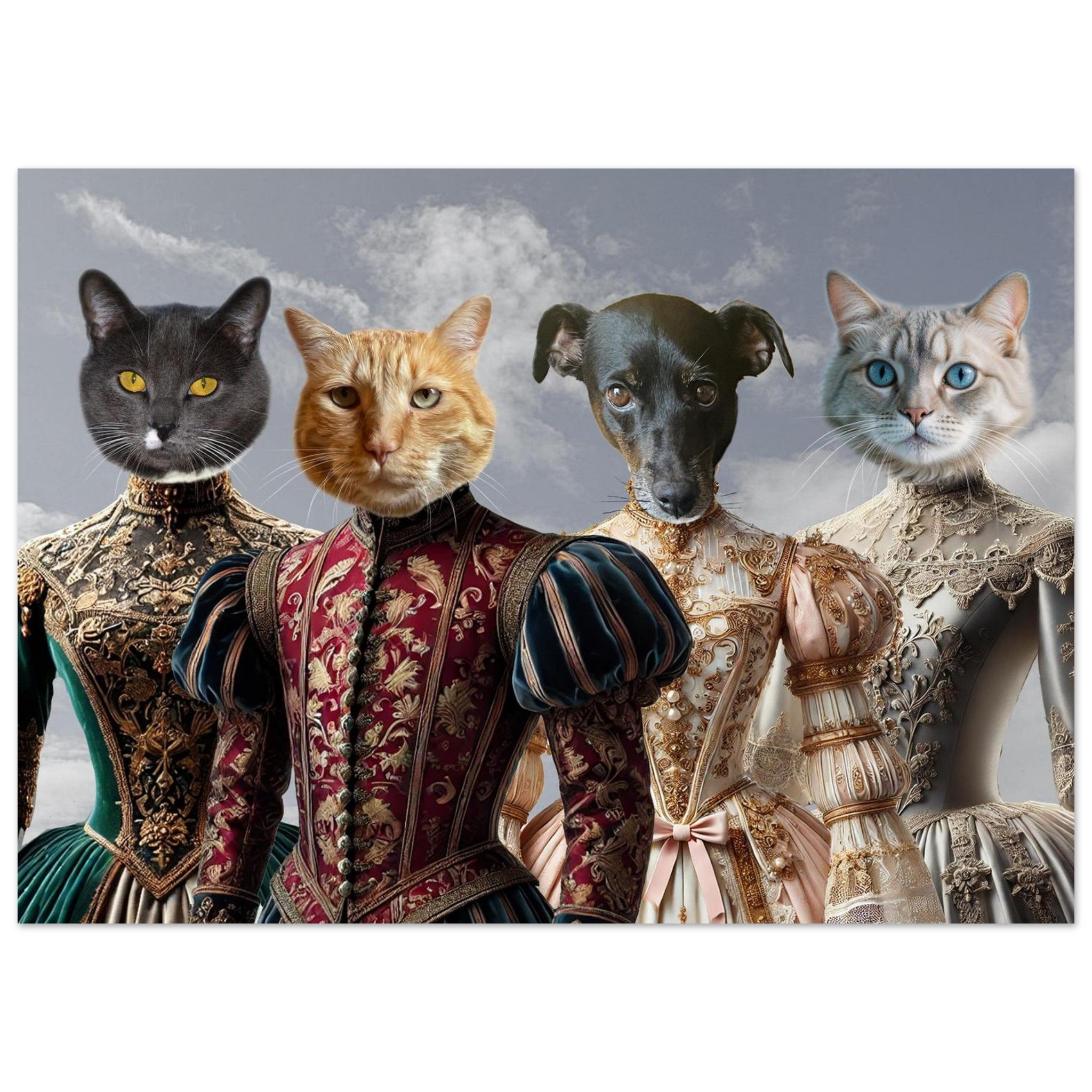 Portrait de quatre animaux anthropomorphes – trois chats et un chien – vêtus de somptueuses robes Renaissance richement brodées d’or sur fond de ciel nuageux.