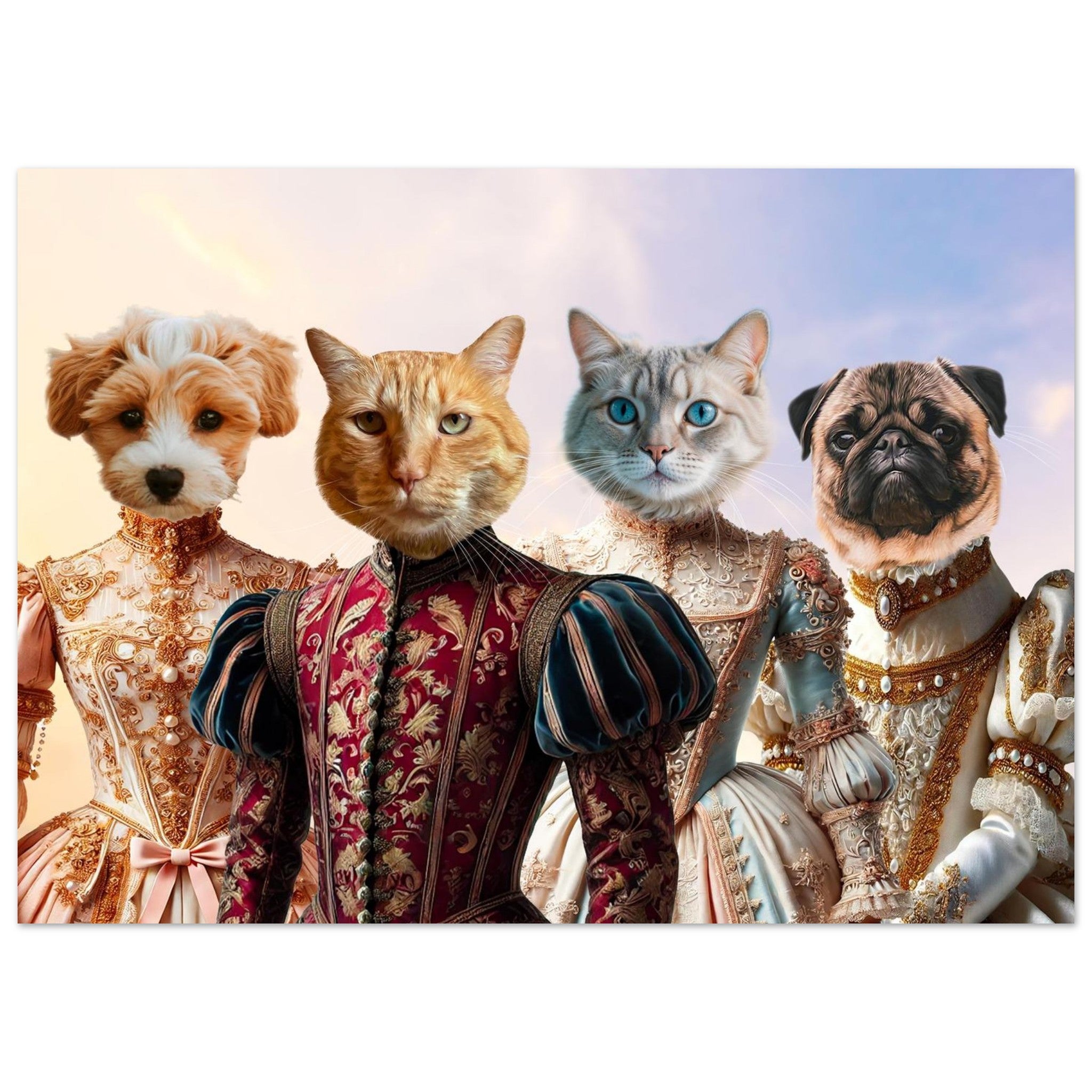 Quatre animaux dignitaires en costumes Renaissance : un chiot blanc et roux, un chat roux, un chat gris aux yeux bleus et un carlin, vêtus d’habits royaux richement brodés.