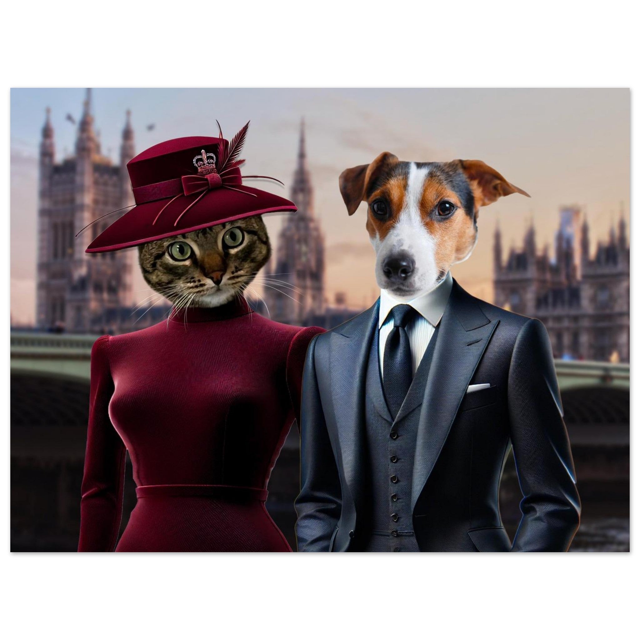 Chat anthropomorphe en robe bordeaux et chapeau élégant à plumes, aux côtés d’un chien Jack Russell en costume trois-pièces, devant le palais de Westminster au coucher du soleil.