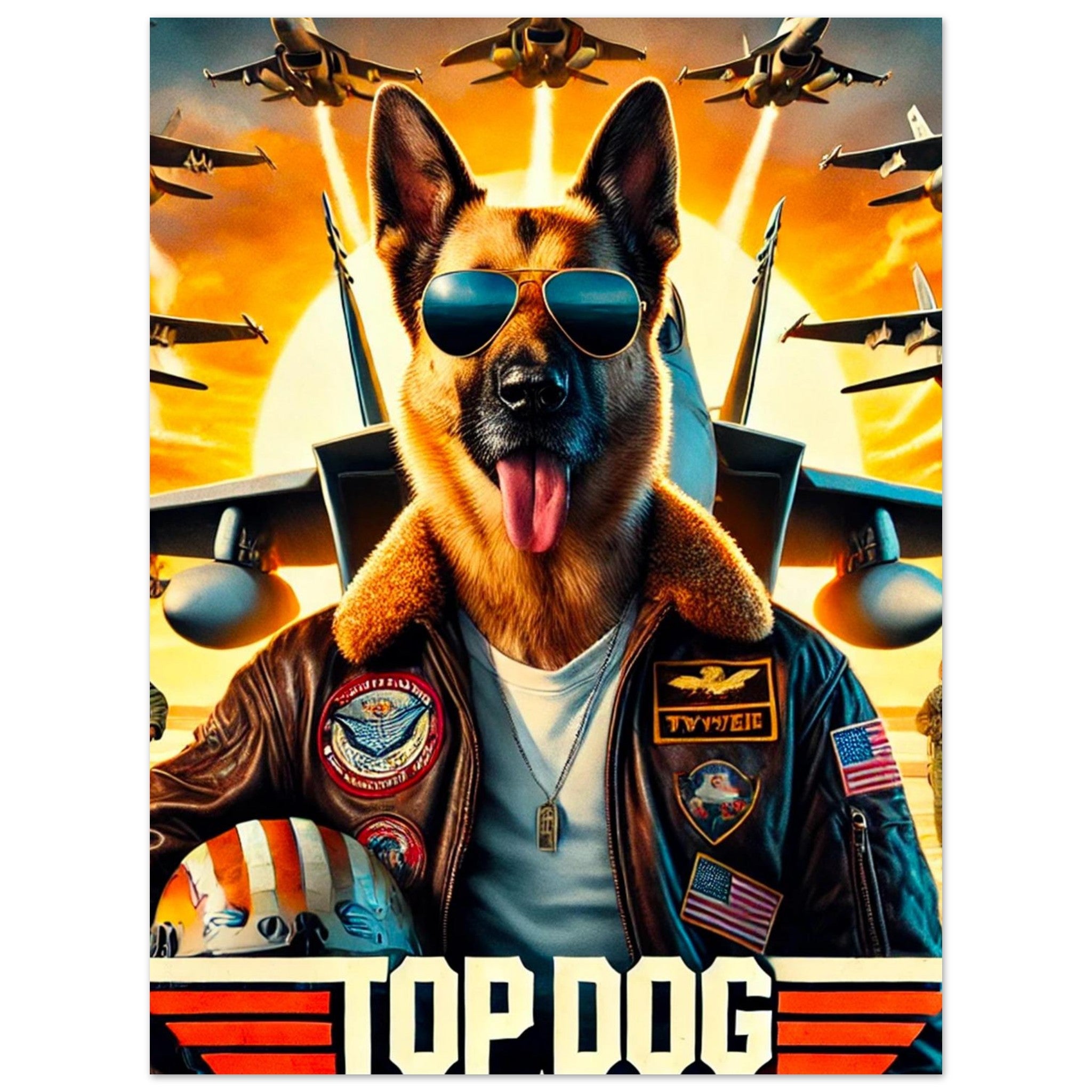 Chien berger allemand en veste bomber de pilote de chasse ornée d’insignes américains et portant des lunettes aviateur, casque à ses pieds, devant plusieurs jets militaires sur fond de soleil couchant, texte « TOP DOG » en bas.