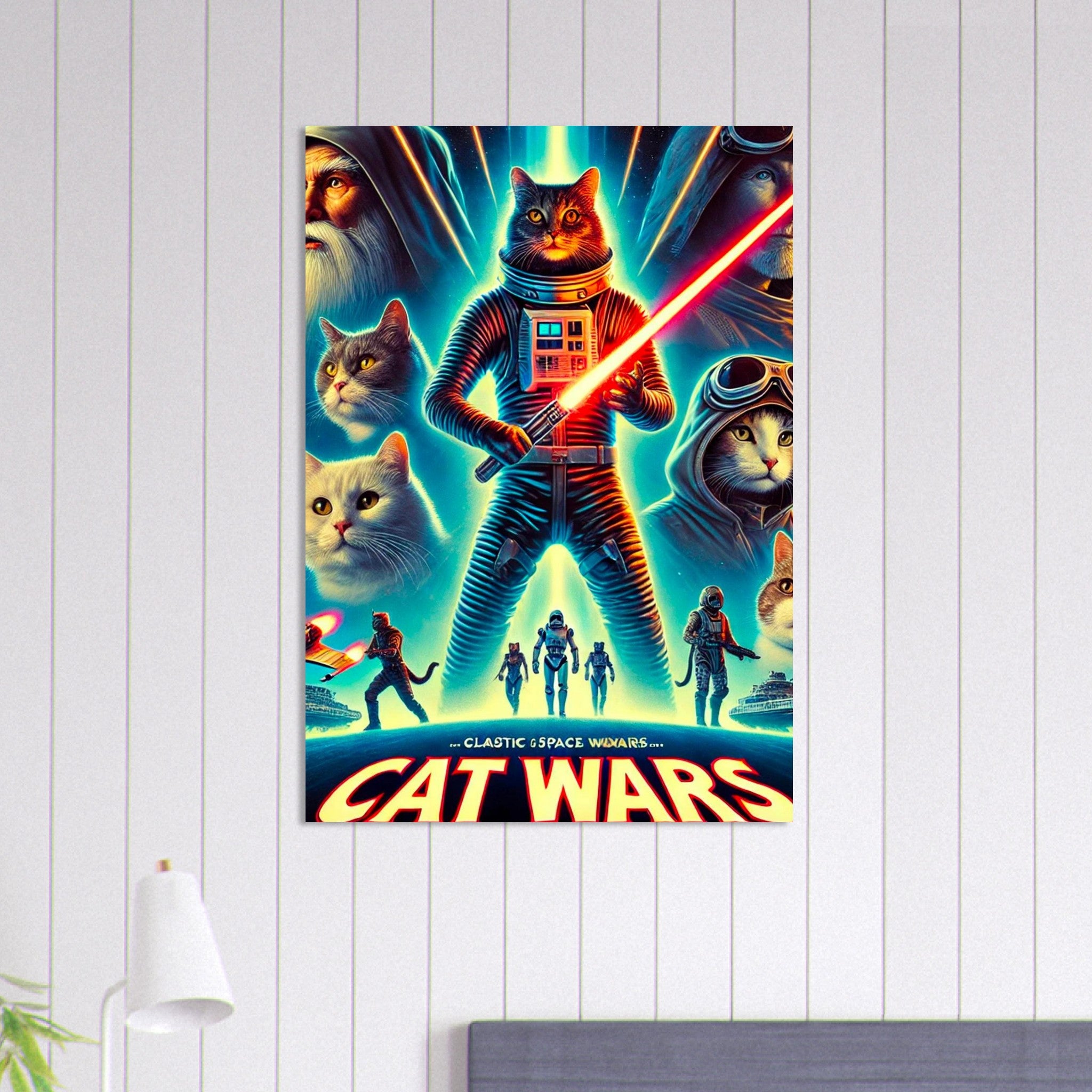 Poster Cat Wars parodie Star Wars : chat astronaute en combinaison spatiale tenant un sabre laser rouge, entouré de visages de chats et de soldats félins sur fond néon.