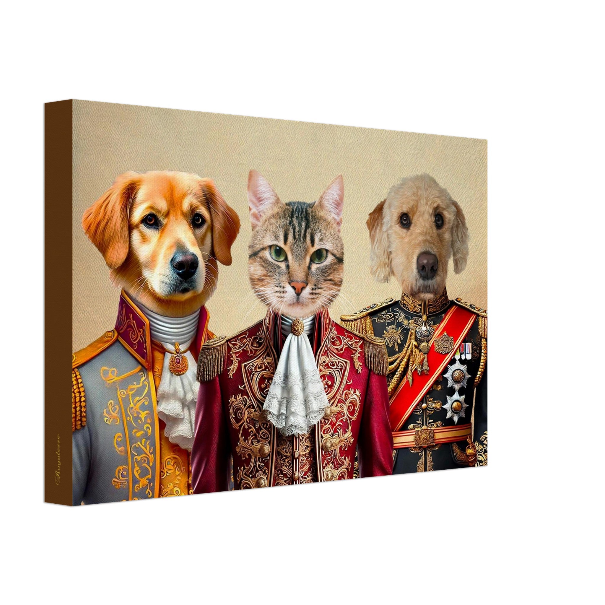 Portraits d'animaux personnalisés sur toile avec chien et chat en habits royaux, œuvre d'art intemporelle et raffinée.