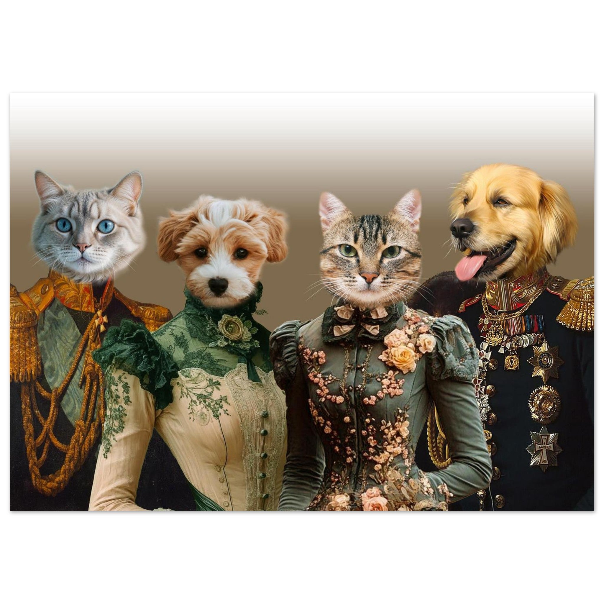 Portrait humoristique de quatre animaux anthropomorphes sur fond beige : un chat gris aux yeux bleus en uniforme doré, un petit chien brun et blanc en robe victorienne verte, une chatte tigrée en robe florale élégante et un golden retriever en uniforme militaire orné de médailles.