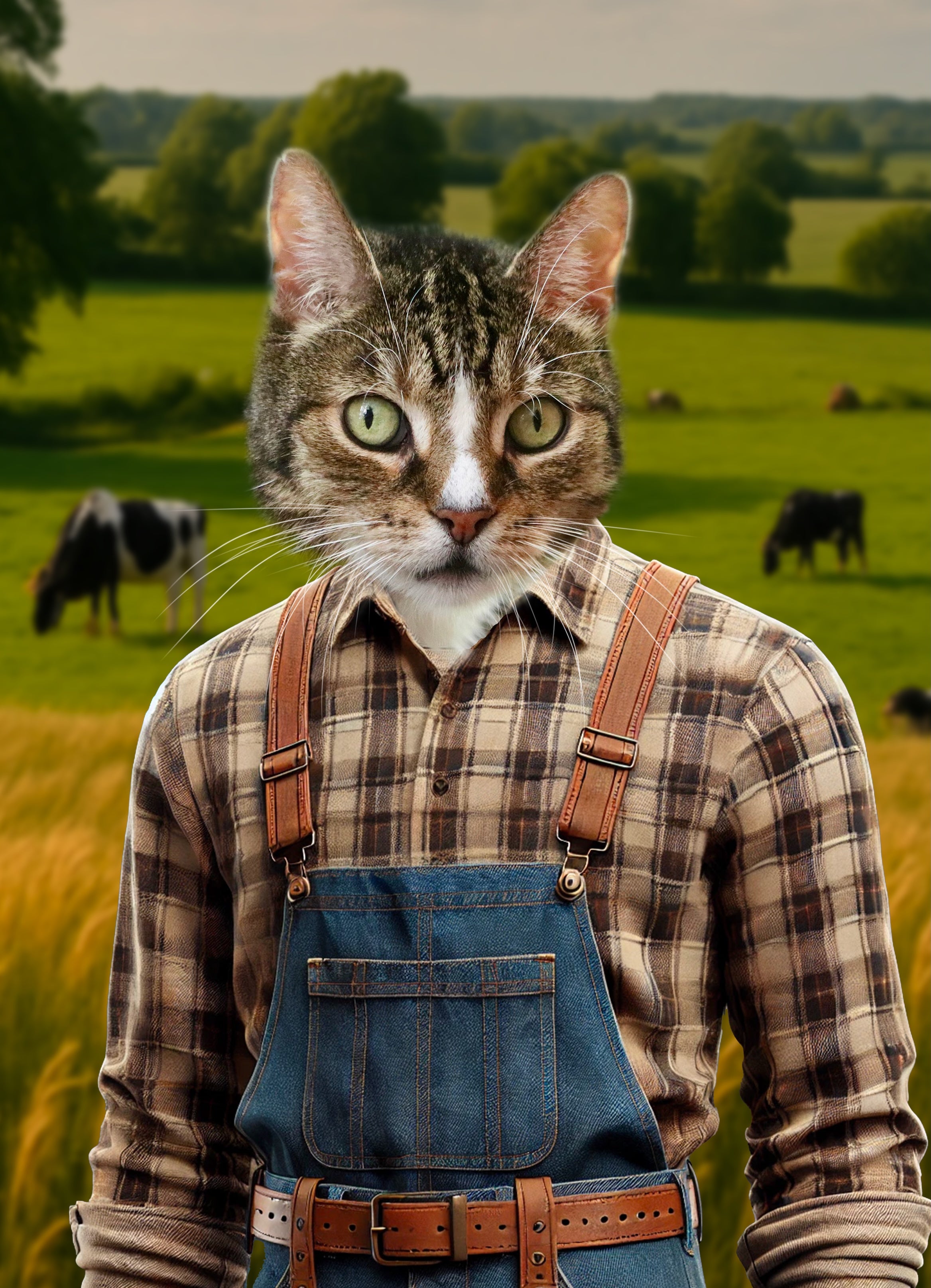 Chat anthropomorphe portant une chemise à carreaux et une salopette en jean, debout dans un champ de ferme avec des vaches au pâturage