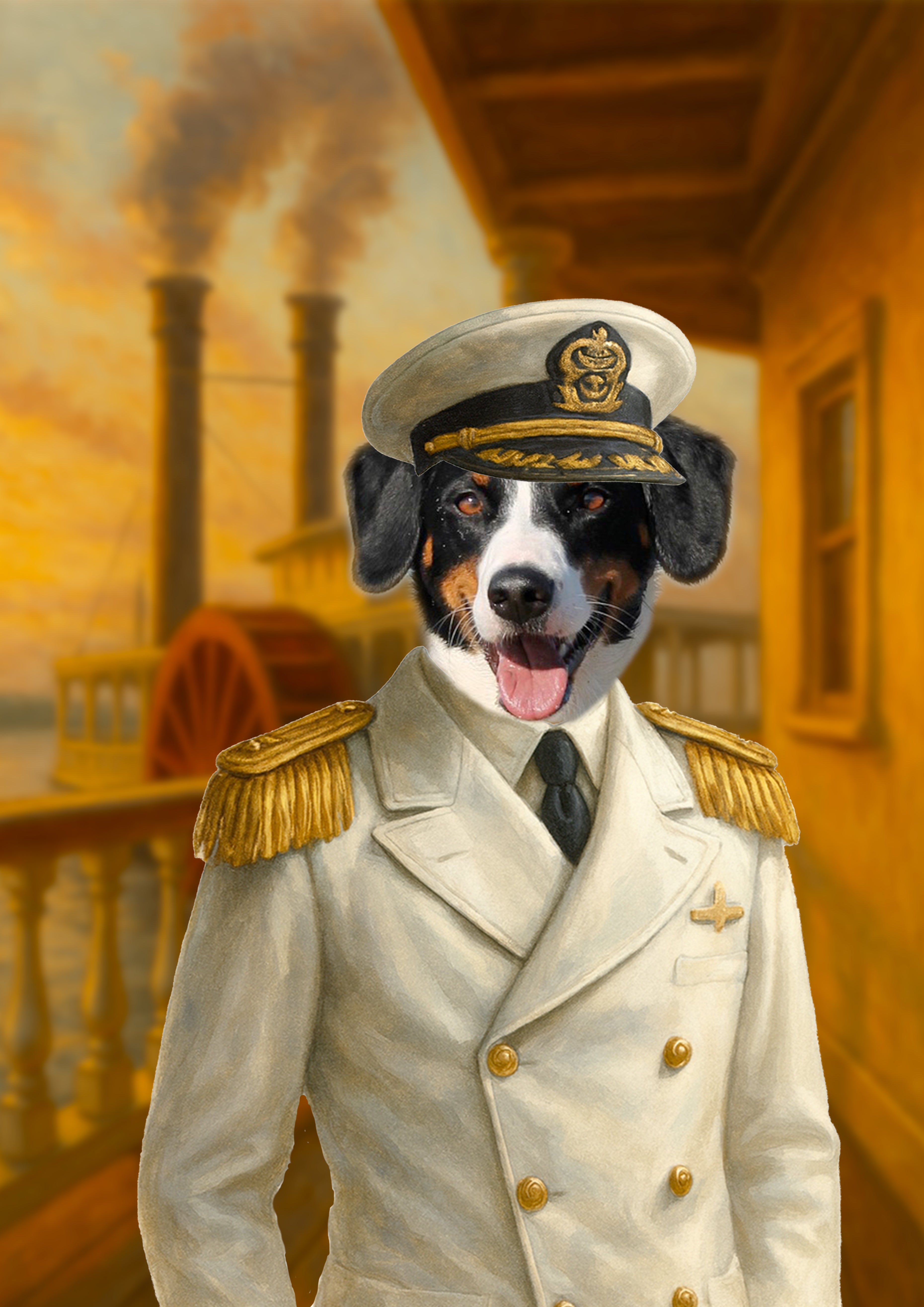 Portrait d’un chien souriant en uniforme blanc de capitaine de bateau à vapeur, avec épaulettes dorées et casquette d’officier, debout sur le pont au coucher du soleil.
