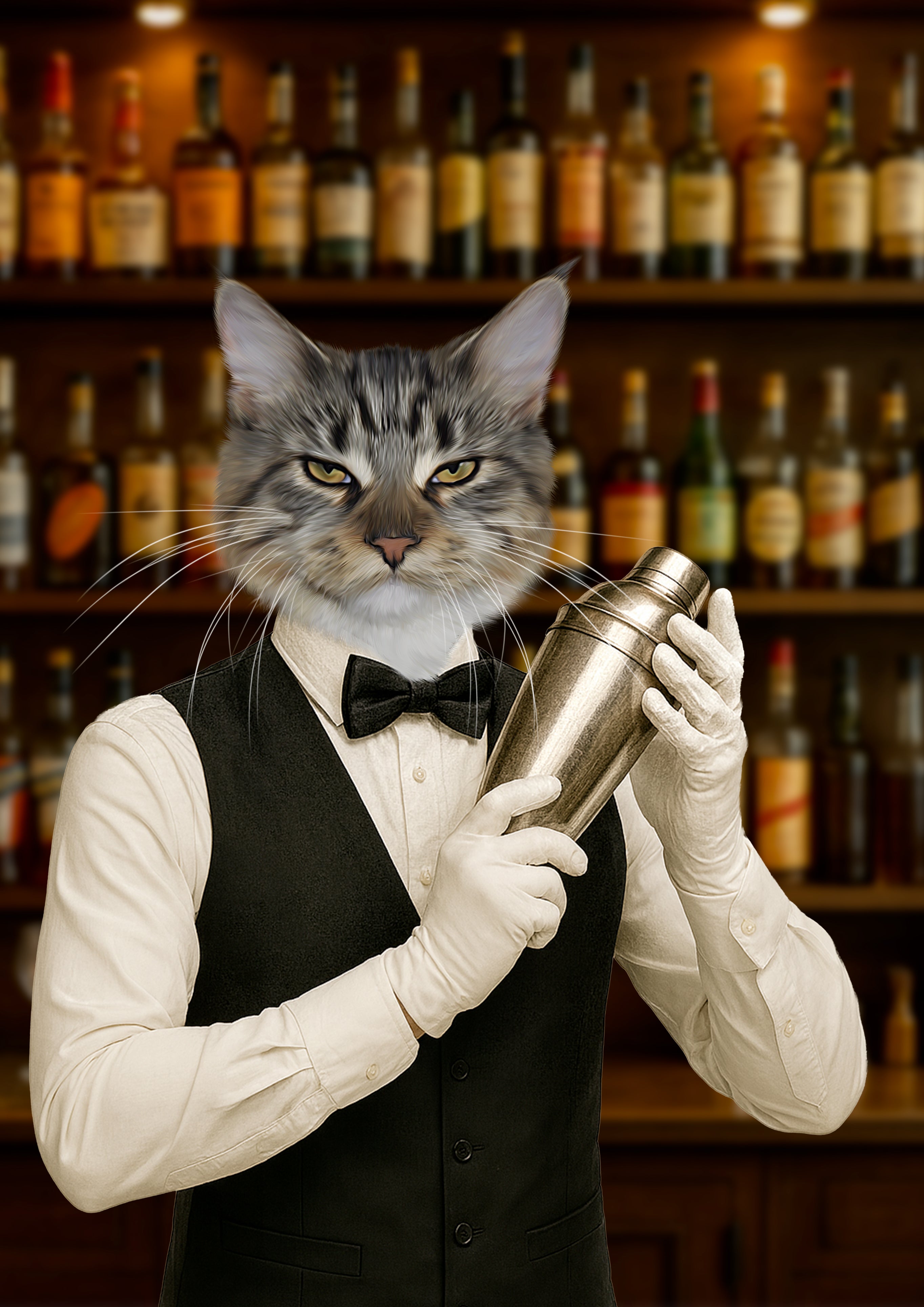 Chat barman en gilet noir et nœud papillon secouant un shaker à cocktail en métal devant un bar éclairé avec rangées de bouteilles.