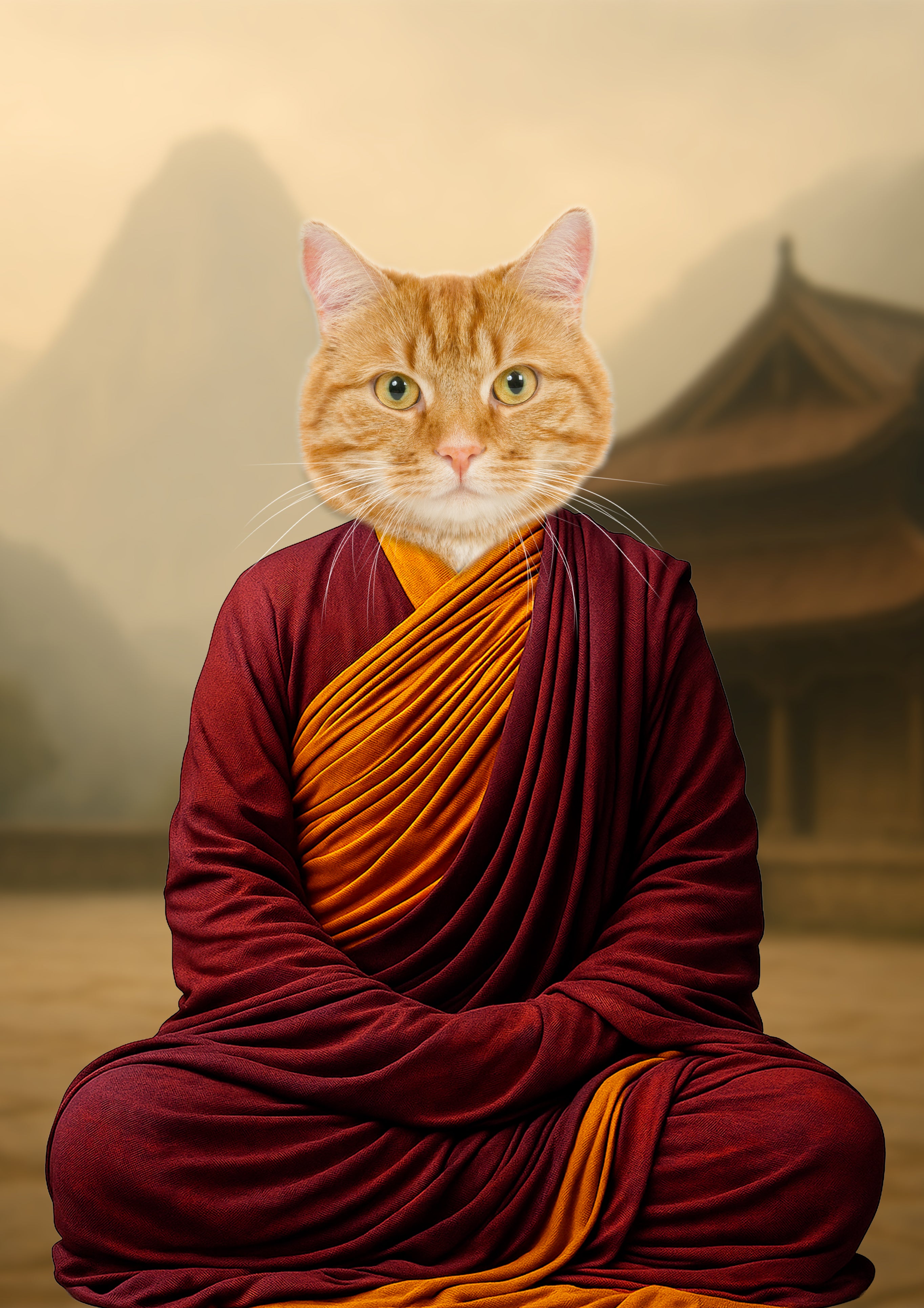 Chat roux assis en posture de méditation vêtu d’une robe de moine bouddhiste bordeaux et orange, temple asiatique et montagnes brumeuses en arrière-plan.