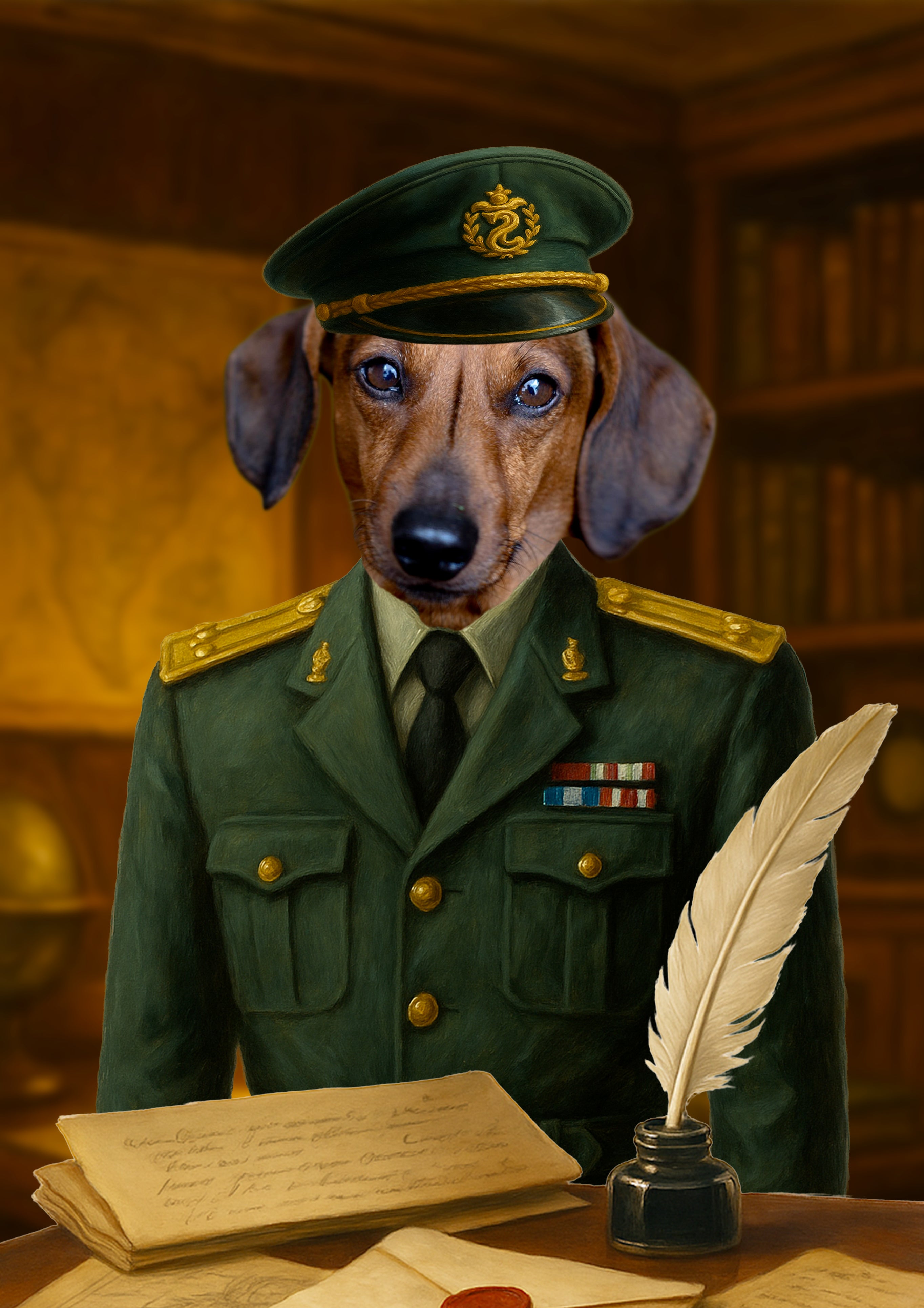 Chien teckel vêtu d’un uniforme militaire vert orné d’épaulettes et de médailles, assis devant un bureau en bois sur lequel reposent des parchemins, un encrier et une plume d’oie, dans une ambiance de bibliothèque ancienne.