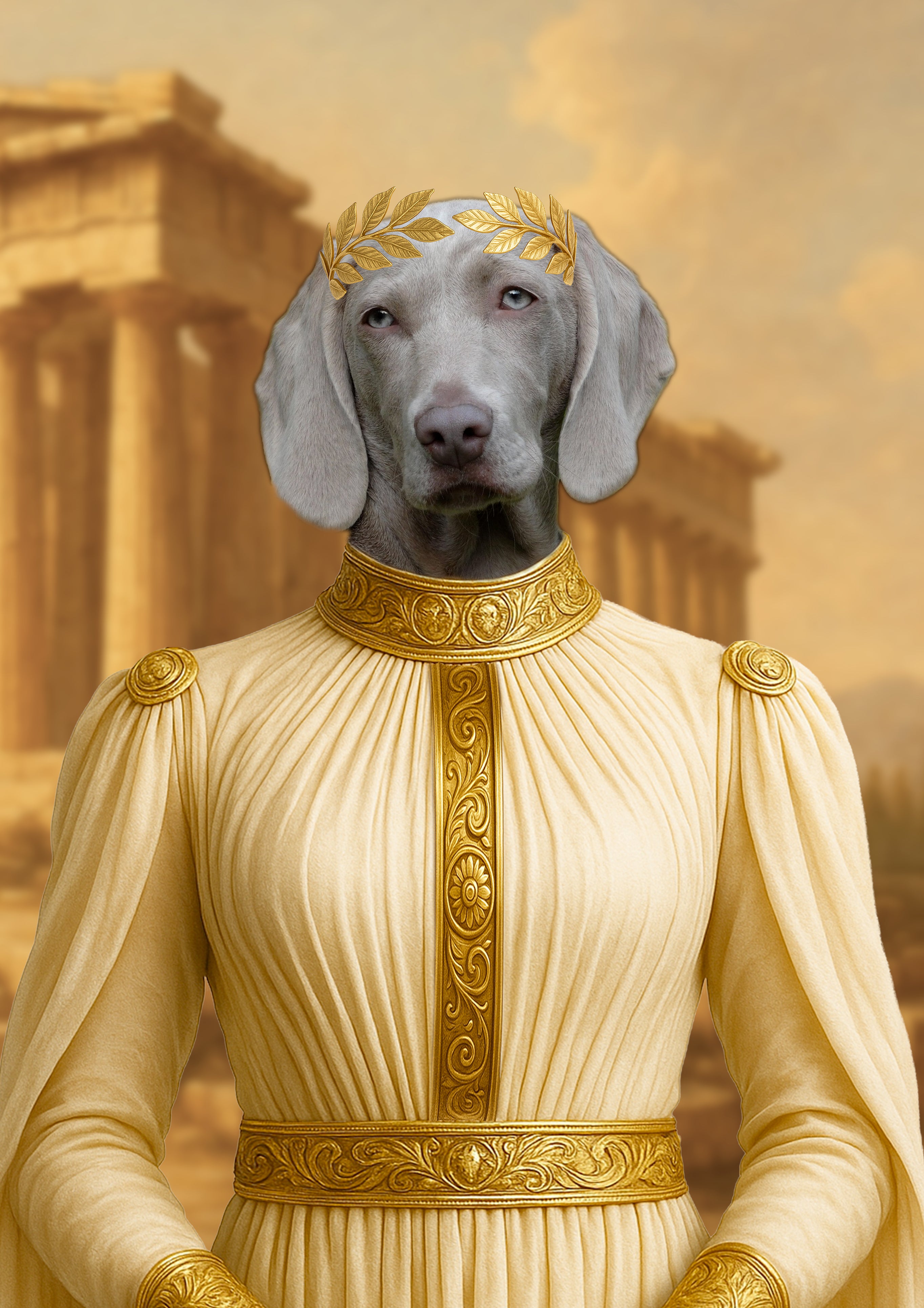 Portrait d’un chien Weimaraner gris vêtu d’une robe longue dorée richement brodée, coiffé d’une couronne de laurier, devant un temple antique en pierre.