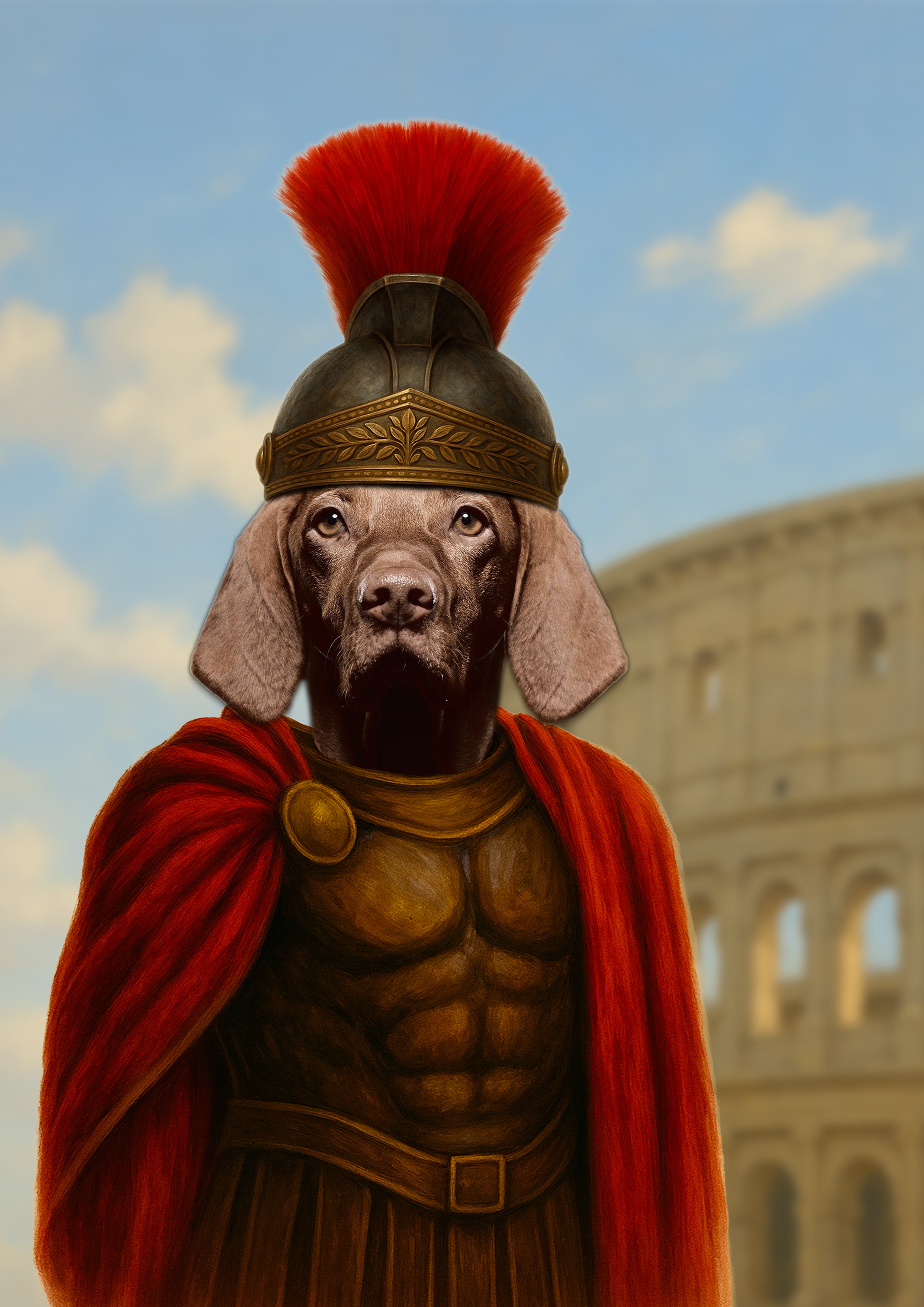 Portrait d’un chien de race weimaraner vêtu d’une armure de centurion romain avec casque à crête rouge et cape rouge, debout devant le Colisée sous un ciel bleu.
