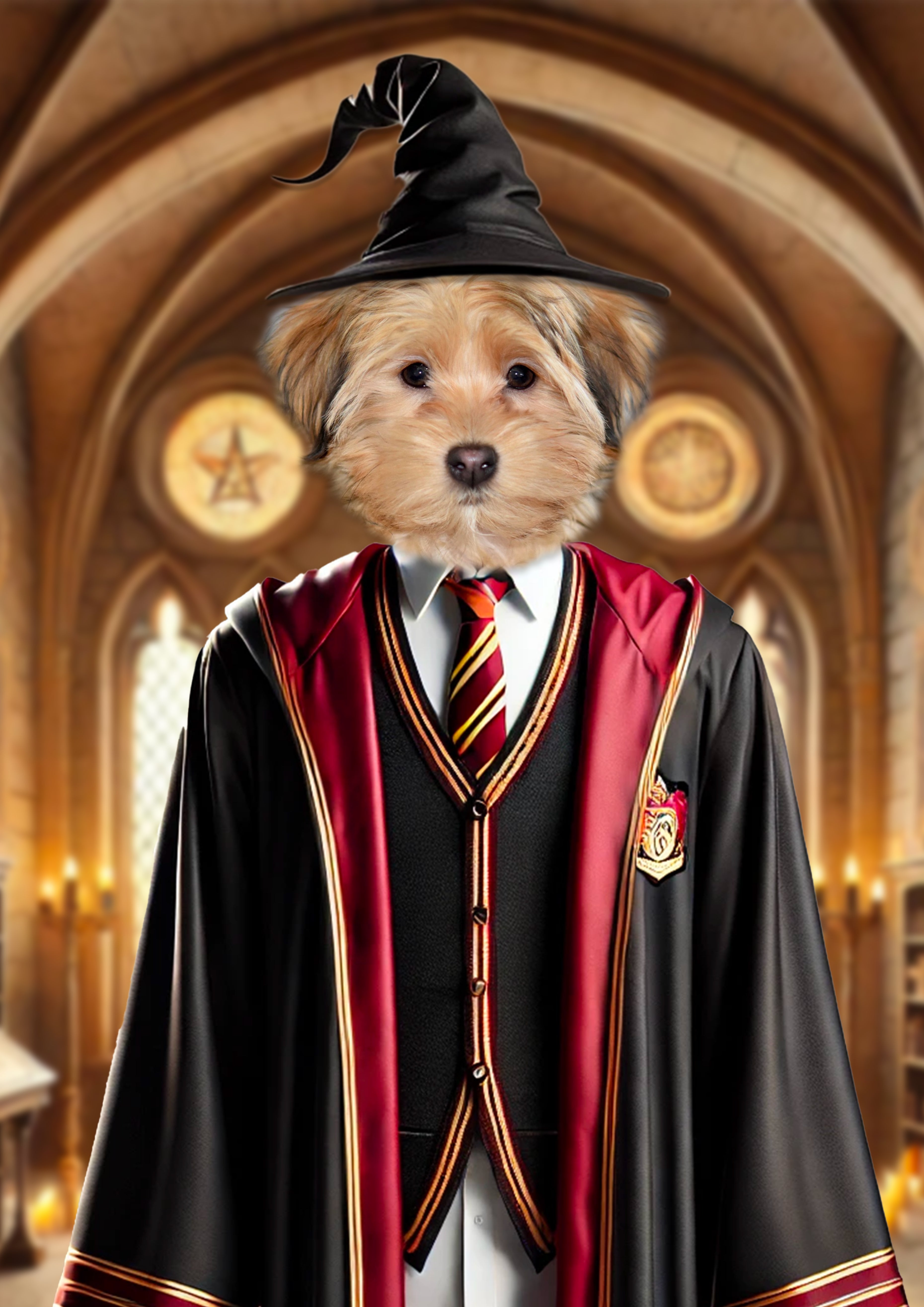 Petit chien mignon déguisé en sorcier Gryffondor, portant une robe noire à liserés rouges et or, une cravate rayée et un chapeau pointu, debout dans une grande salle de château médiéval aux vitraux et bougies.