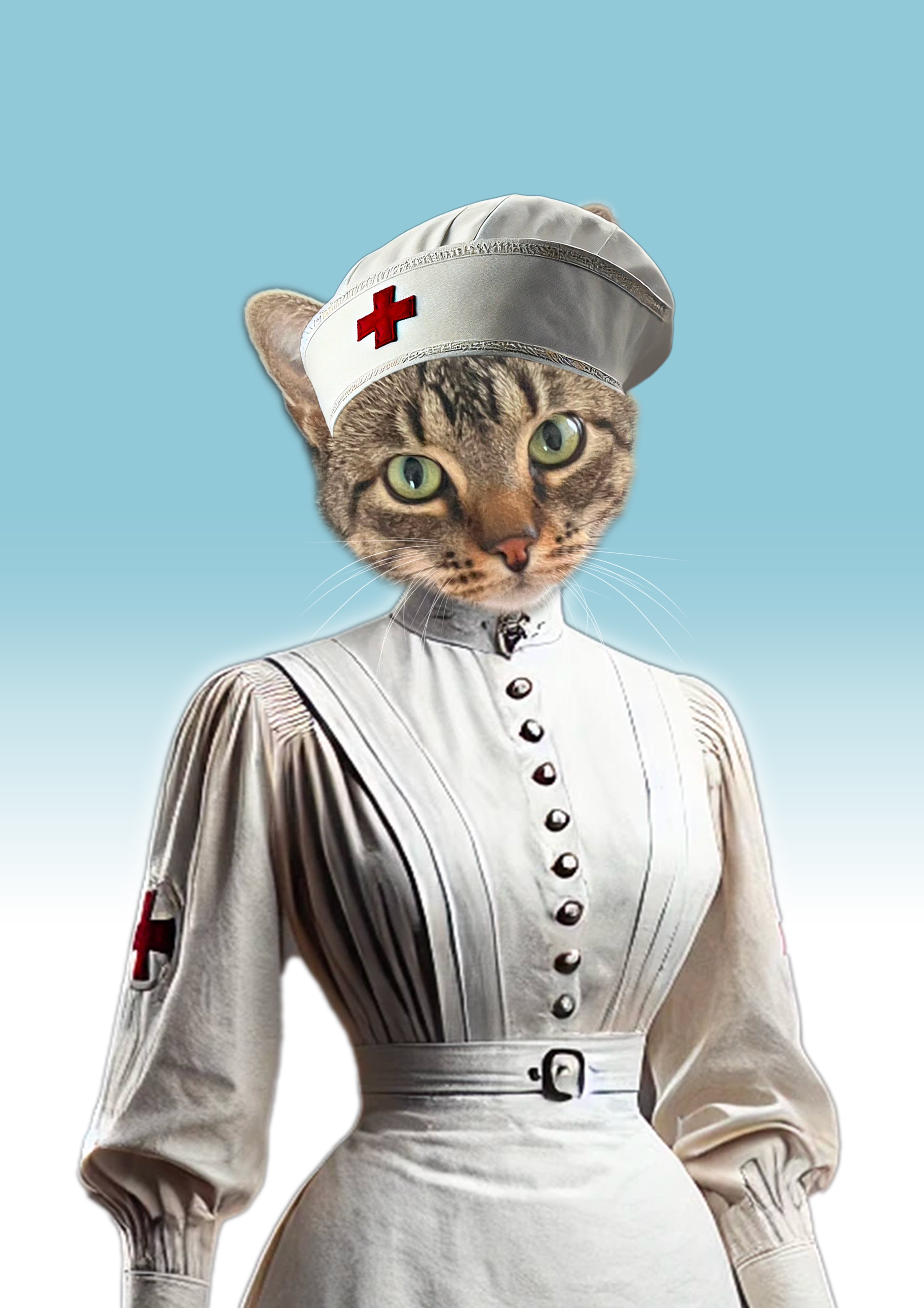 Chat tigré portant une coiffe et une robe d’infirmière blanche ornées de croix rouges, sur fond dégradé bleu clair