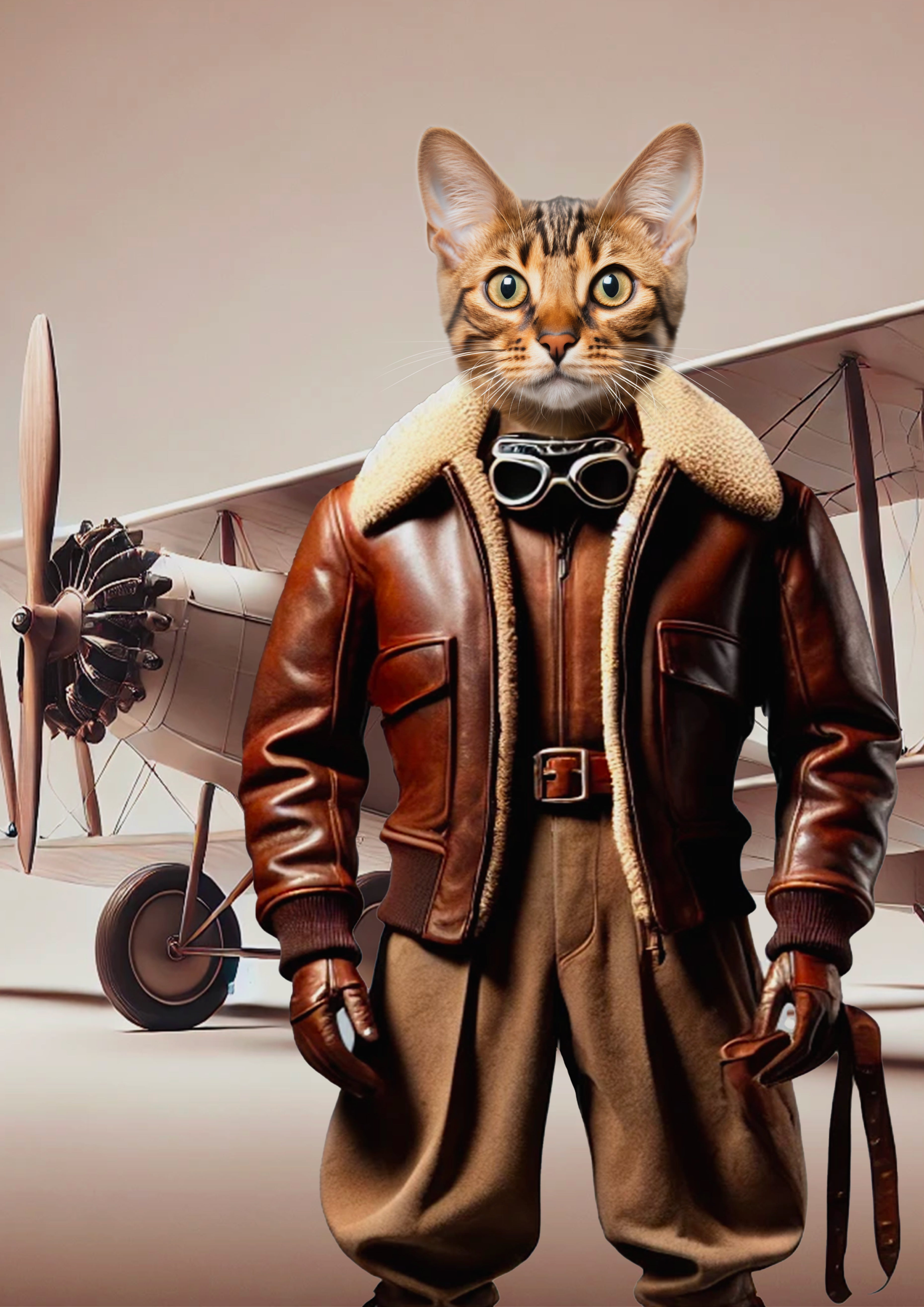 Chat anthropomorphe habillé en pilote d’avion vintage portant veste en cuir brun à col fourré, gants en cuir et lunettes d’aviation, posé devant un biplan.