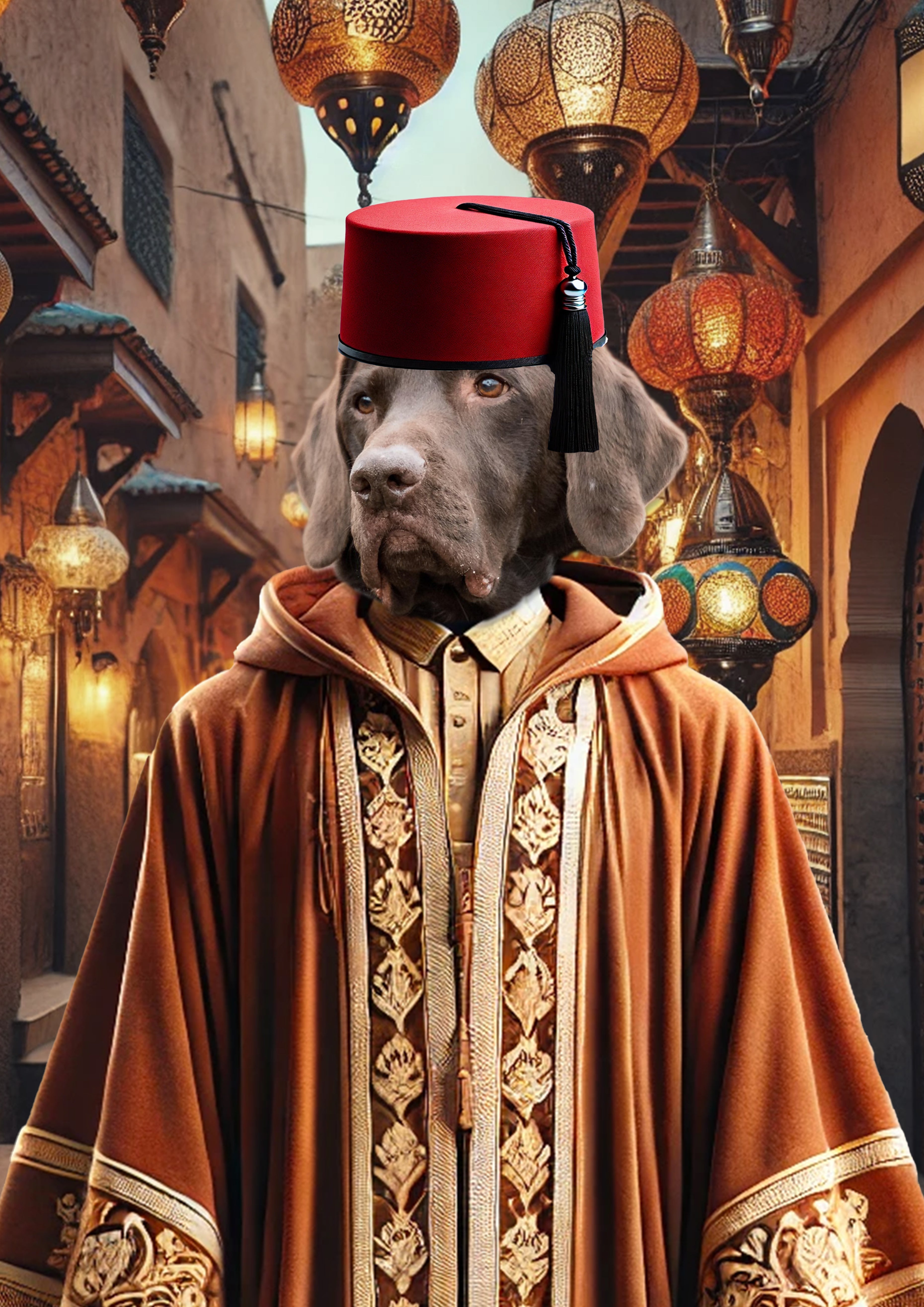 Chien labrador brun portant un fez rouge et une djellaba traditionnelle brodée, lanternes marocaines suspendues en arrière-plan.