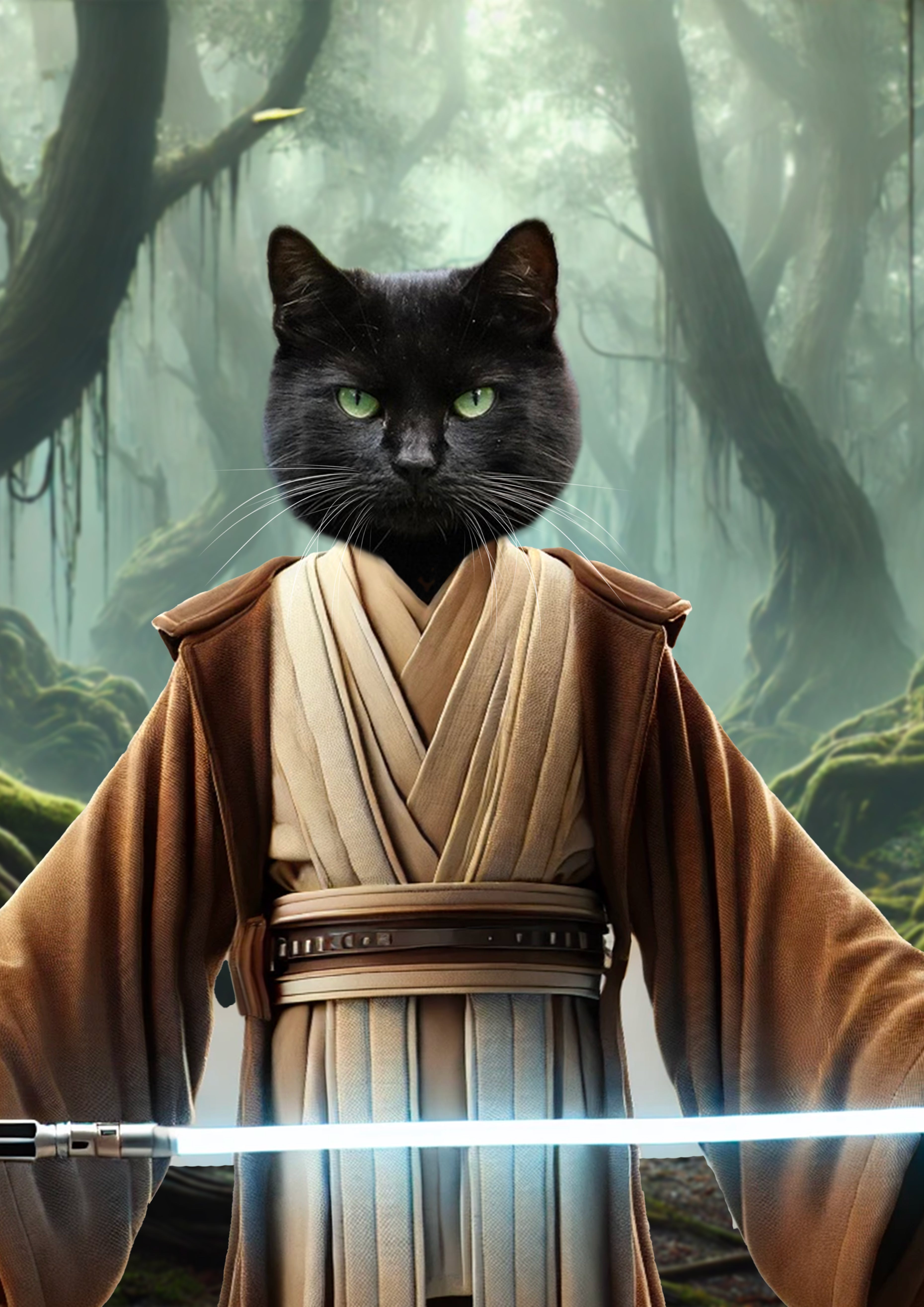 Tête de chat noir aux yeux verts sur un corps en tenue de Jedi beige et marron, sabre laser bleu allumé, forêt brumeuse en arrière-plan.