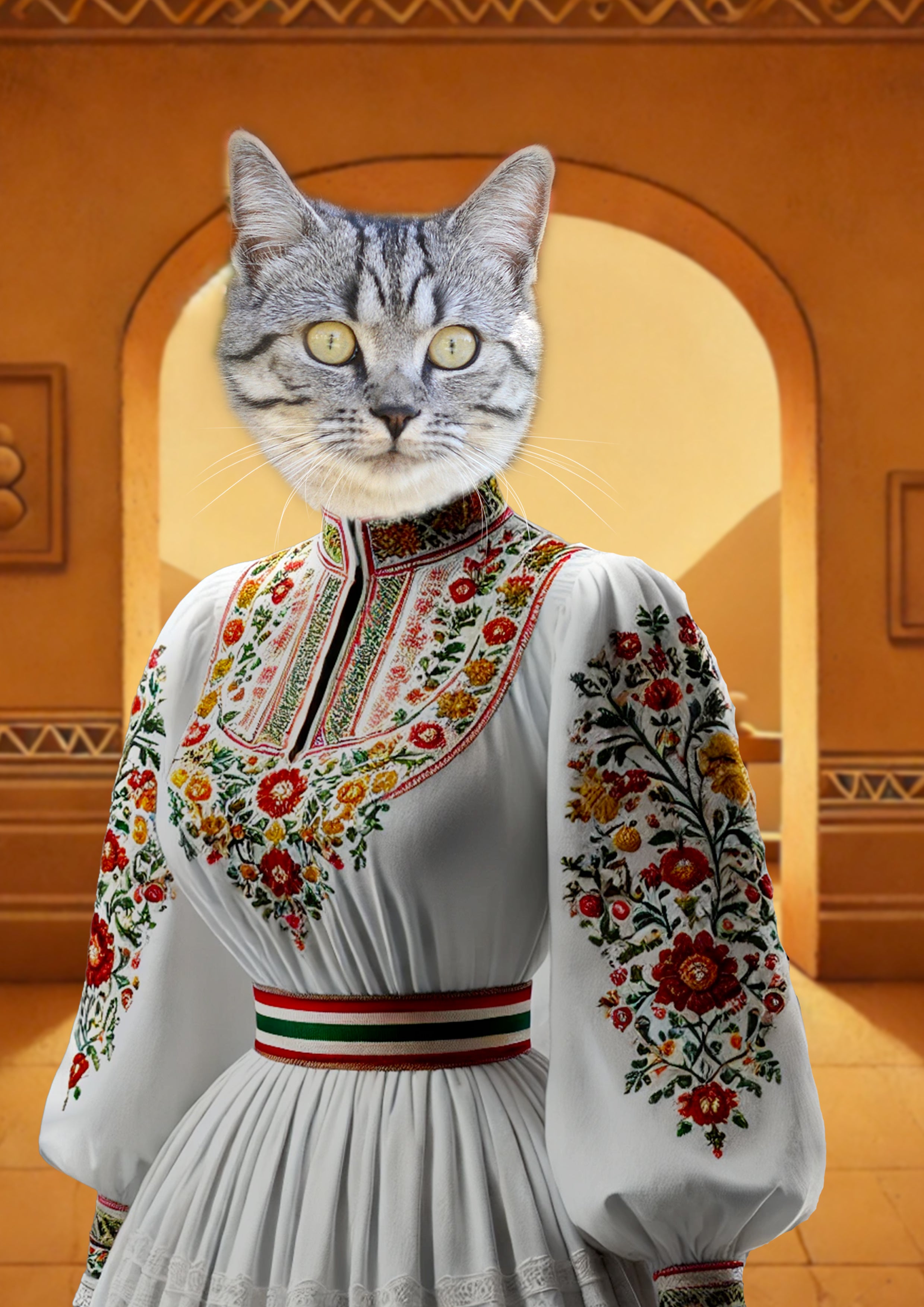 Chat tigré gris aux yeux jaunes sur un corps vêtu d’une robe folklorique blanche richement brodée de fleurs rouges, vertes et jaunes, ceinturée devant une arcade ocre.