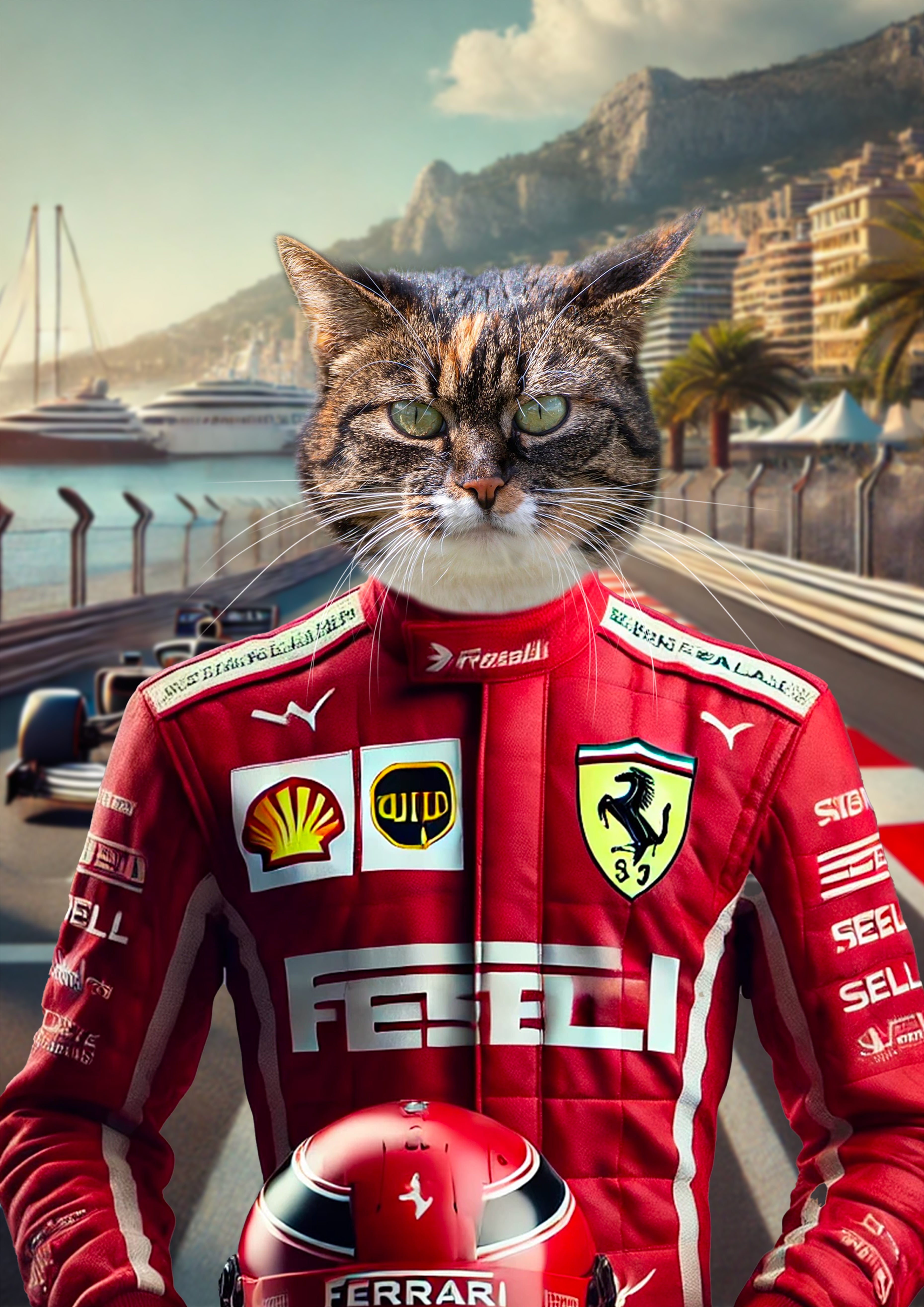 Chat anthropomorphe en combinaison Ferrari rouge, casque à la main, posant sur le circuit de Monaco bordé de yachts et de collines.