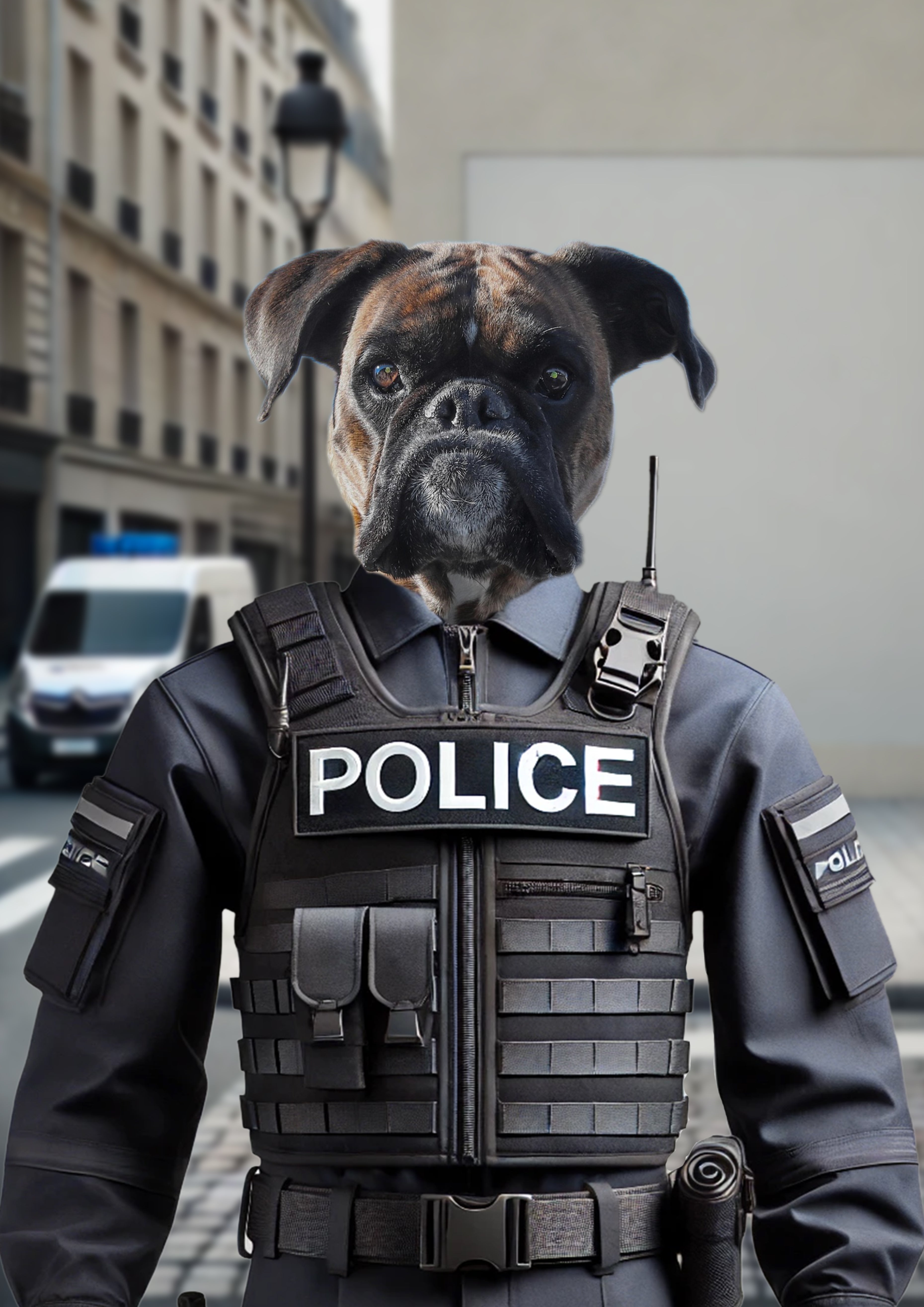 Chien boxer vu de face, vêtu d’un gilet tactique noir marqué « POLICE », debout sur un trottoir urbain avec un fourgon de police en arrière-plan flou.