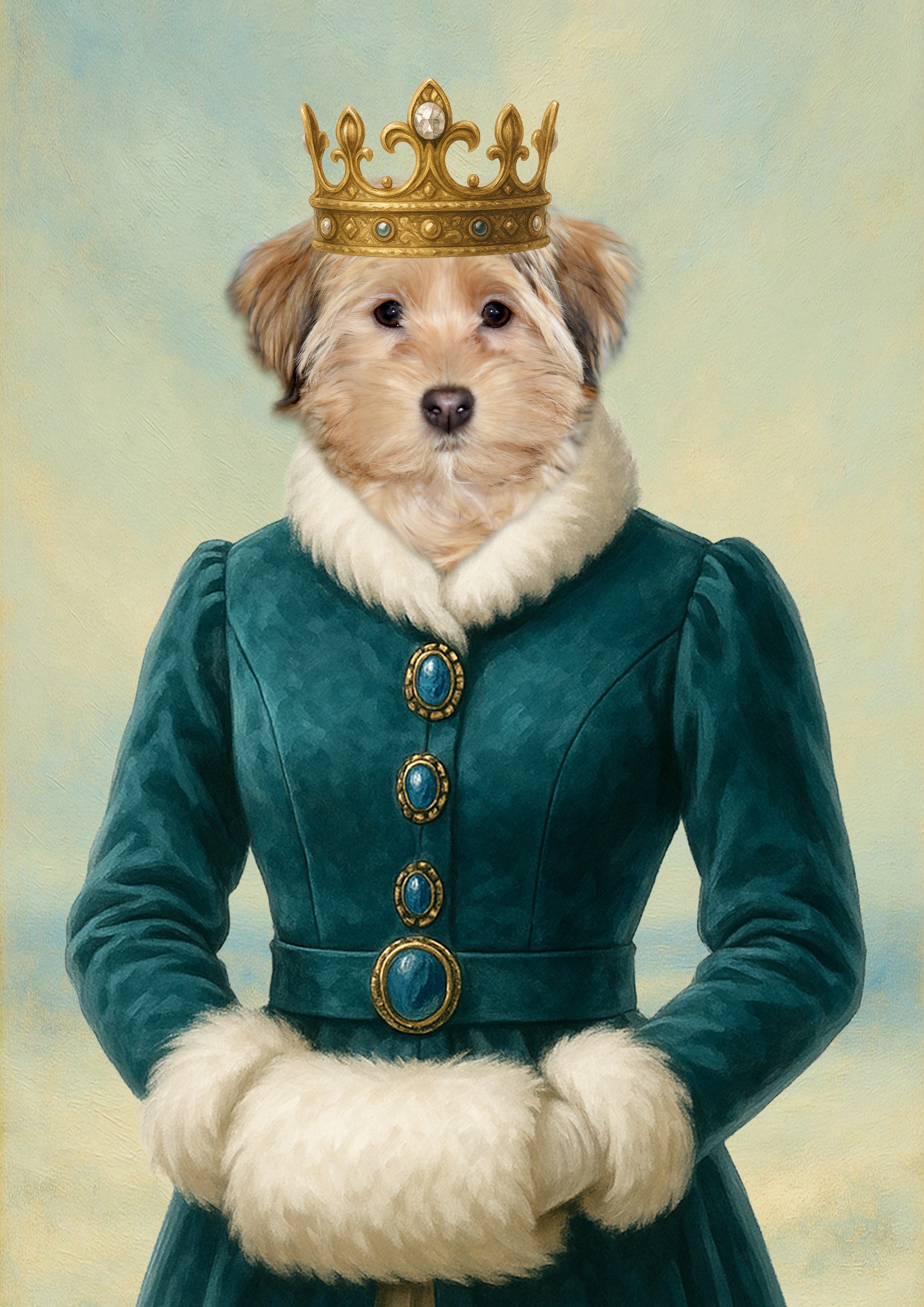 Portrait peint d’un petit chien beige au pelage soyeux, coiffé d’une couronne dorée ornée de bijoux et vêtu d’un manteau victorien vert émeraude à col et poignets en fourrure blanche.