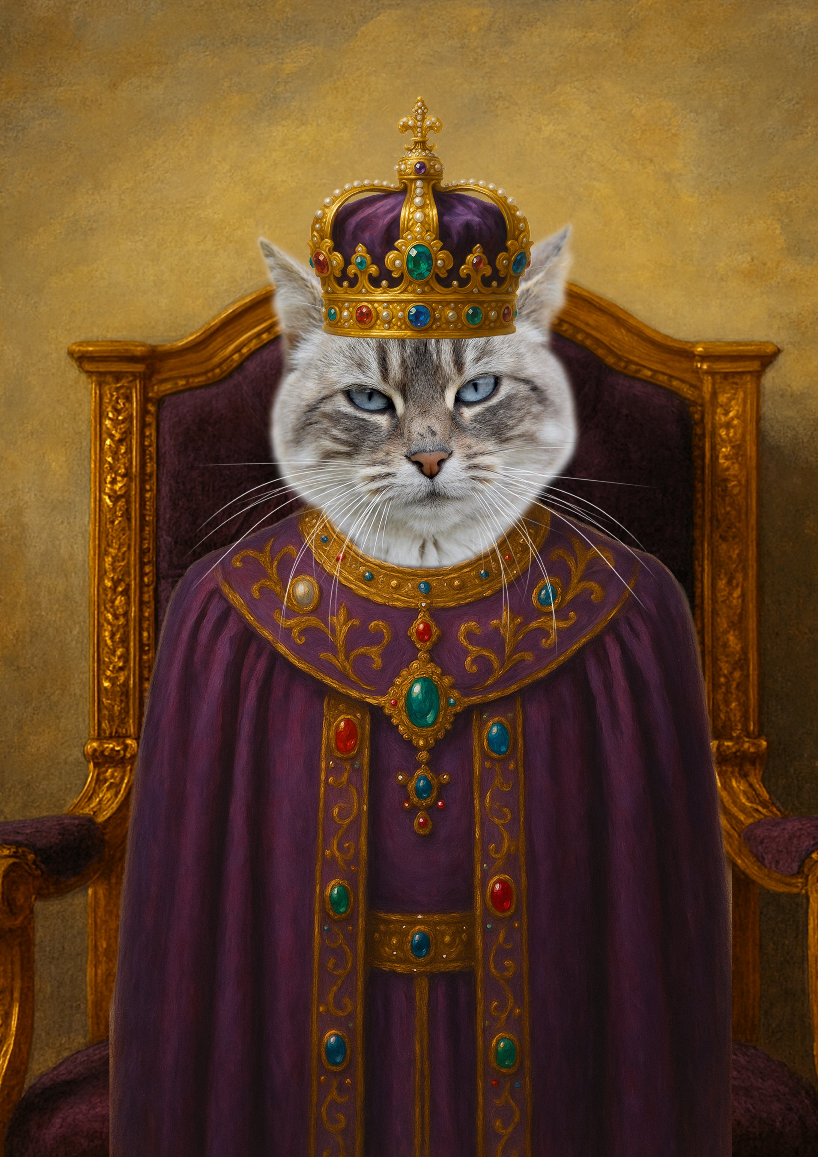Chat gris et blanc aux yeux bleus, assis sur un trône doré, coiffé d’une couronne royale en or sertie d’émeraudes et de rubis, vêtu d’une longue cape pourpre richement brodée et ornée de gemmes.