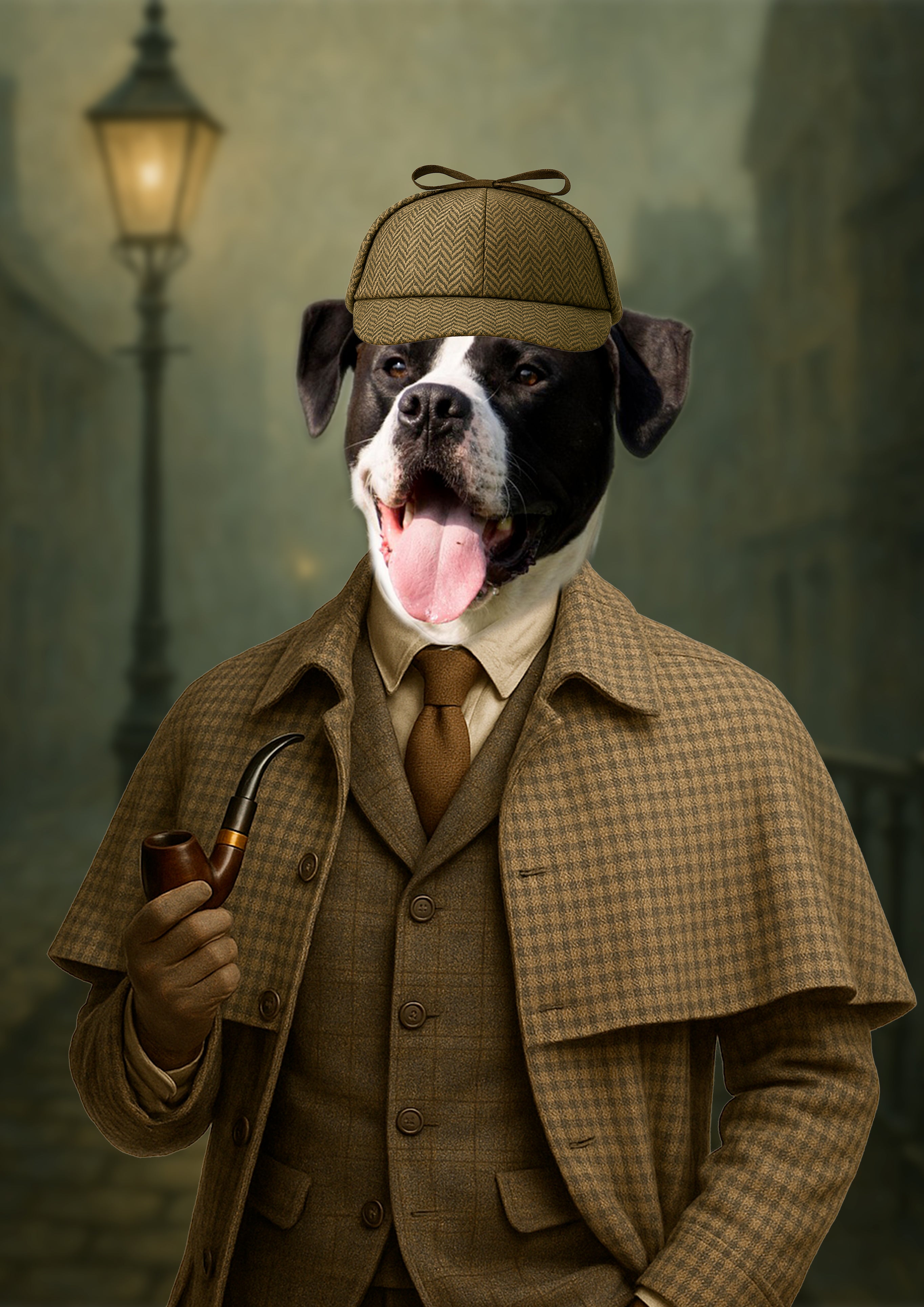 Chien noir et blanc portant un manteau et un chapeau de détective victorien en tweed, tenant une pipe dans une rue londonienne brumeuse éclairée par un lampadaire.