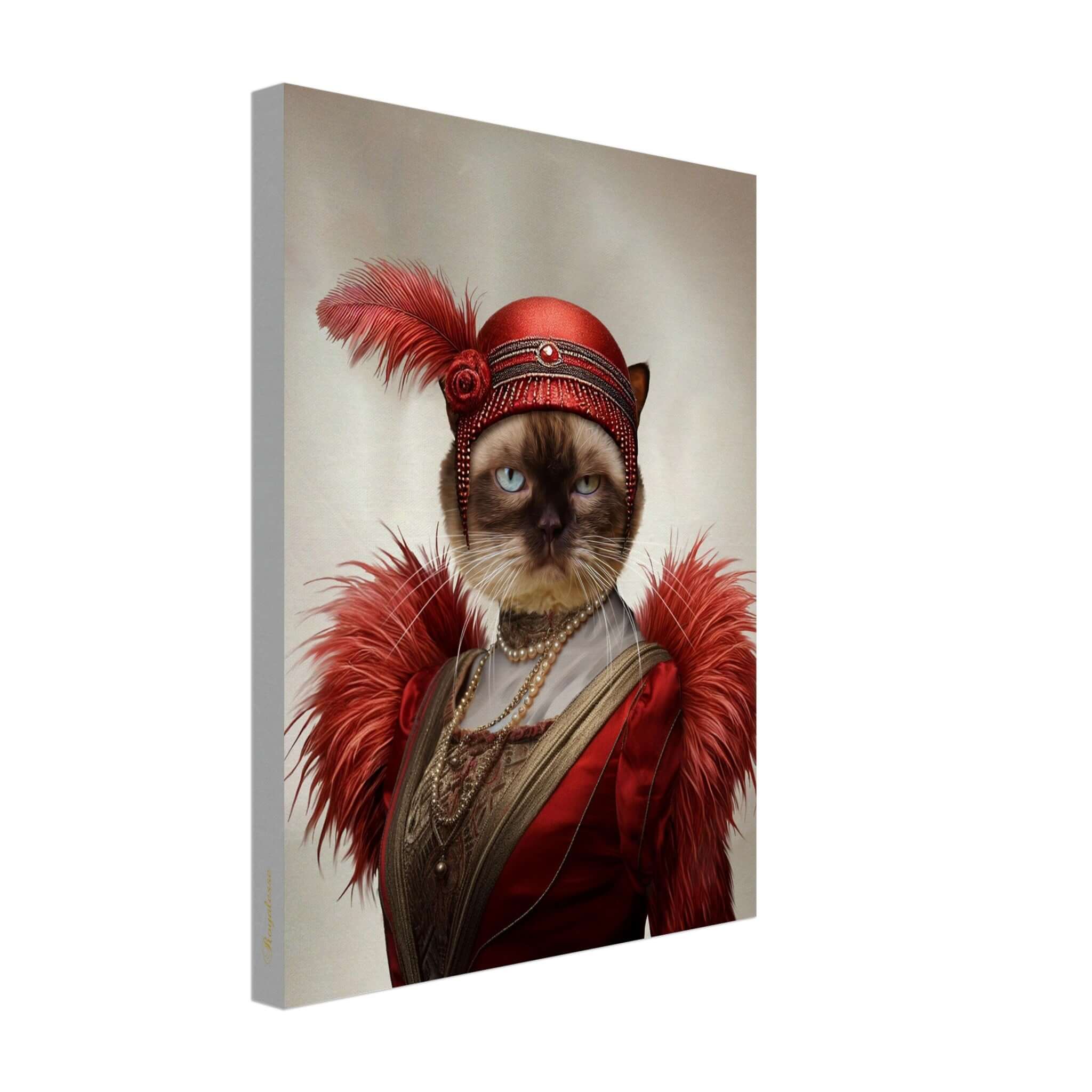Portrait animalier personnalisé sur toile Charleston, chat en tenue rouge élégante, imprimé en France, sur papier FSC.