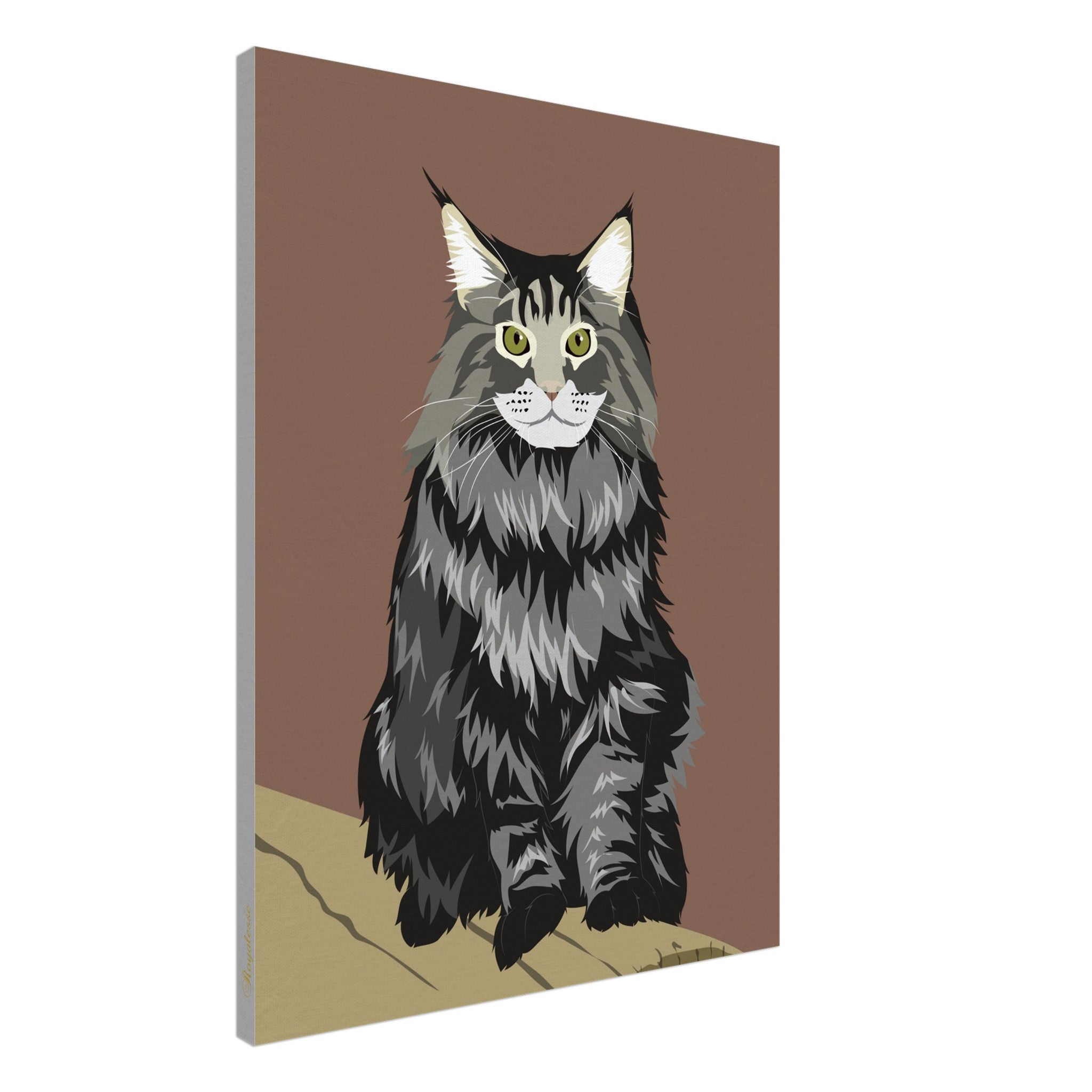 Portrait d’un chat Maine Coon gris à poils longs et yeux verts, illustration vectorielle sur toile, assis sur une planche en bois devant un fond marron.
