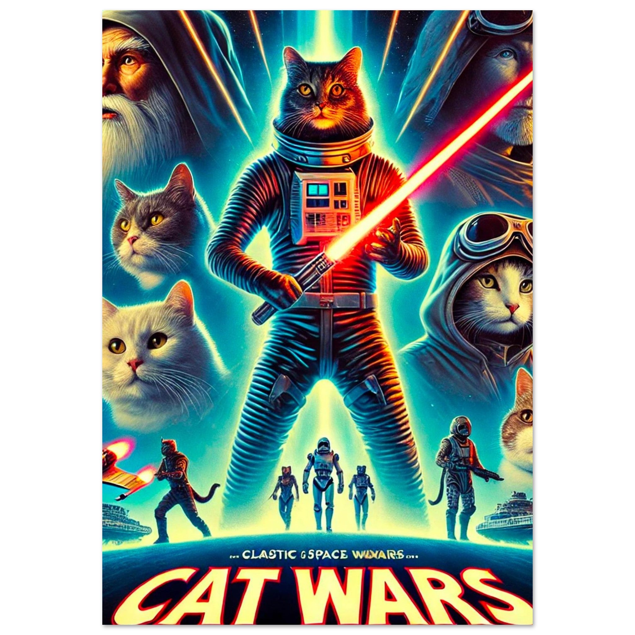 Affiche néon inspirée de Star Wars « Cat Wars » avec un chat en combinaison spatiale brandissant un sabre laser rouge, entouré d’autres chats pilotes et soldats galactiques devant un fond étoilé.