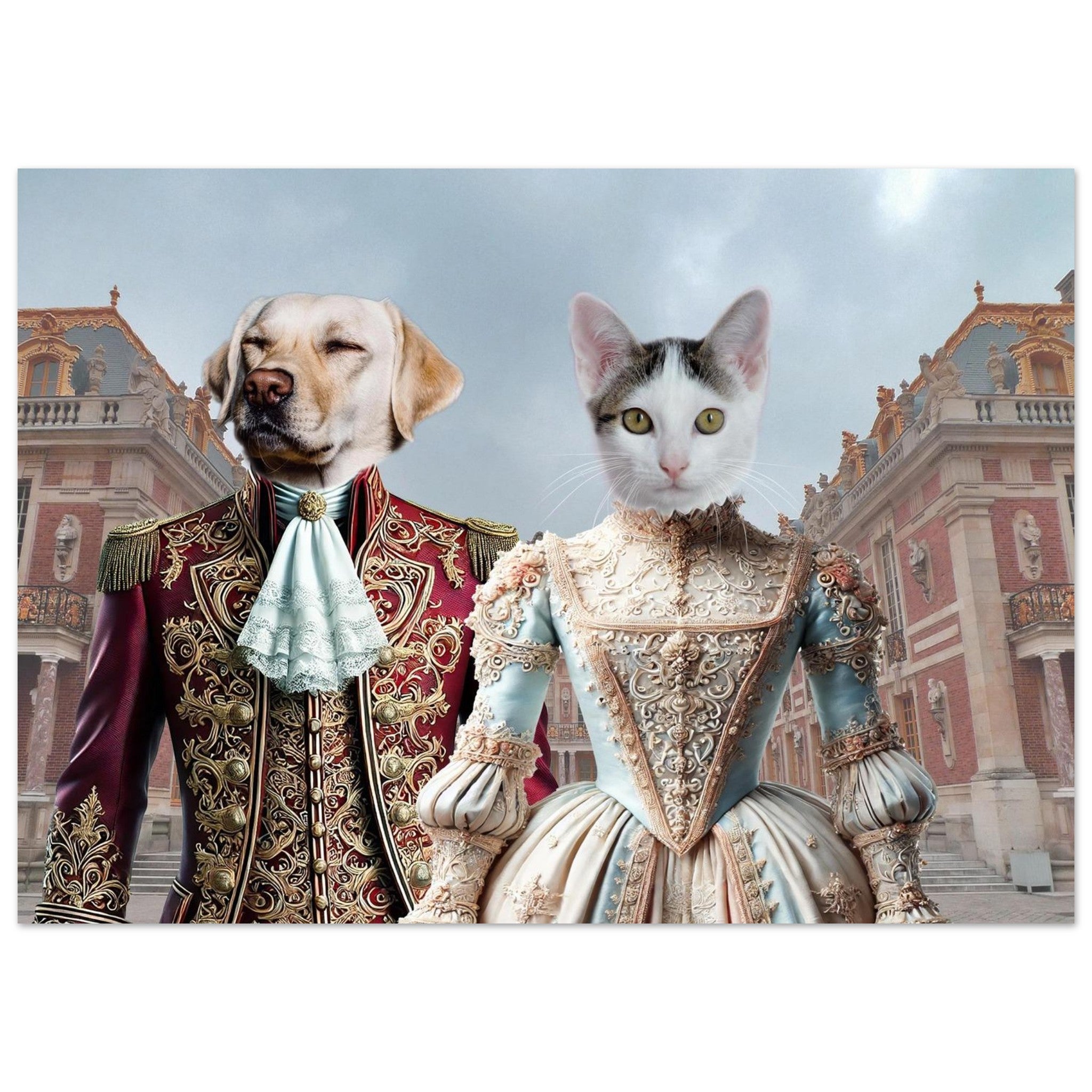 Chien labrador en habit baroque bordeaux et or avec jabot, à côté d’un chat blanc en robe rococo bleue et ivoire richement brodée, devant un palais européen classique sous ciel nuageux.
