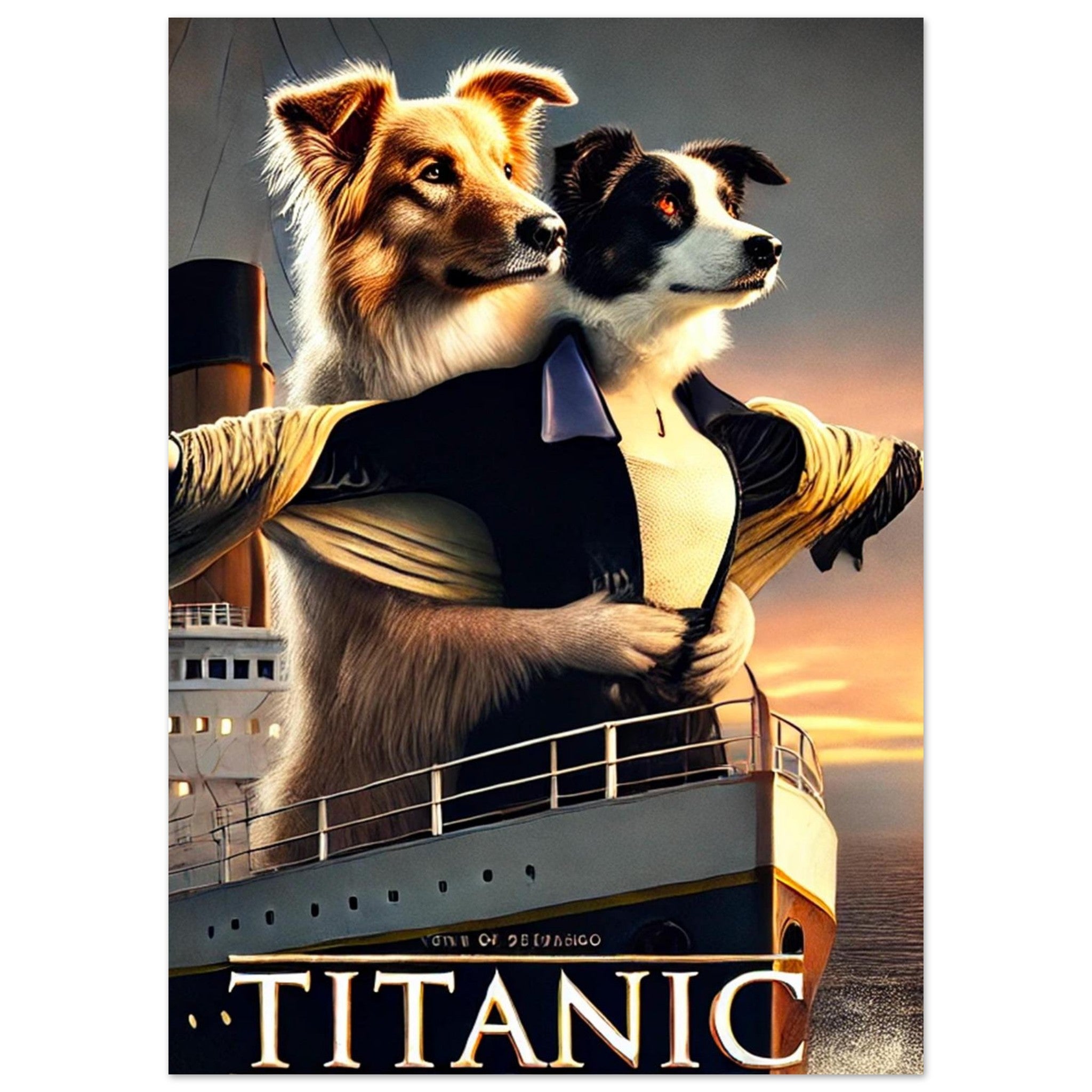 Deux dogs costumés, l’un doré et l’autre noir et blanc, enlacés à la proue du paquebot Titanic face à un coucher de soleil.