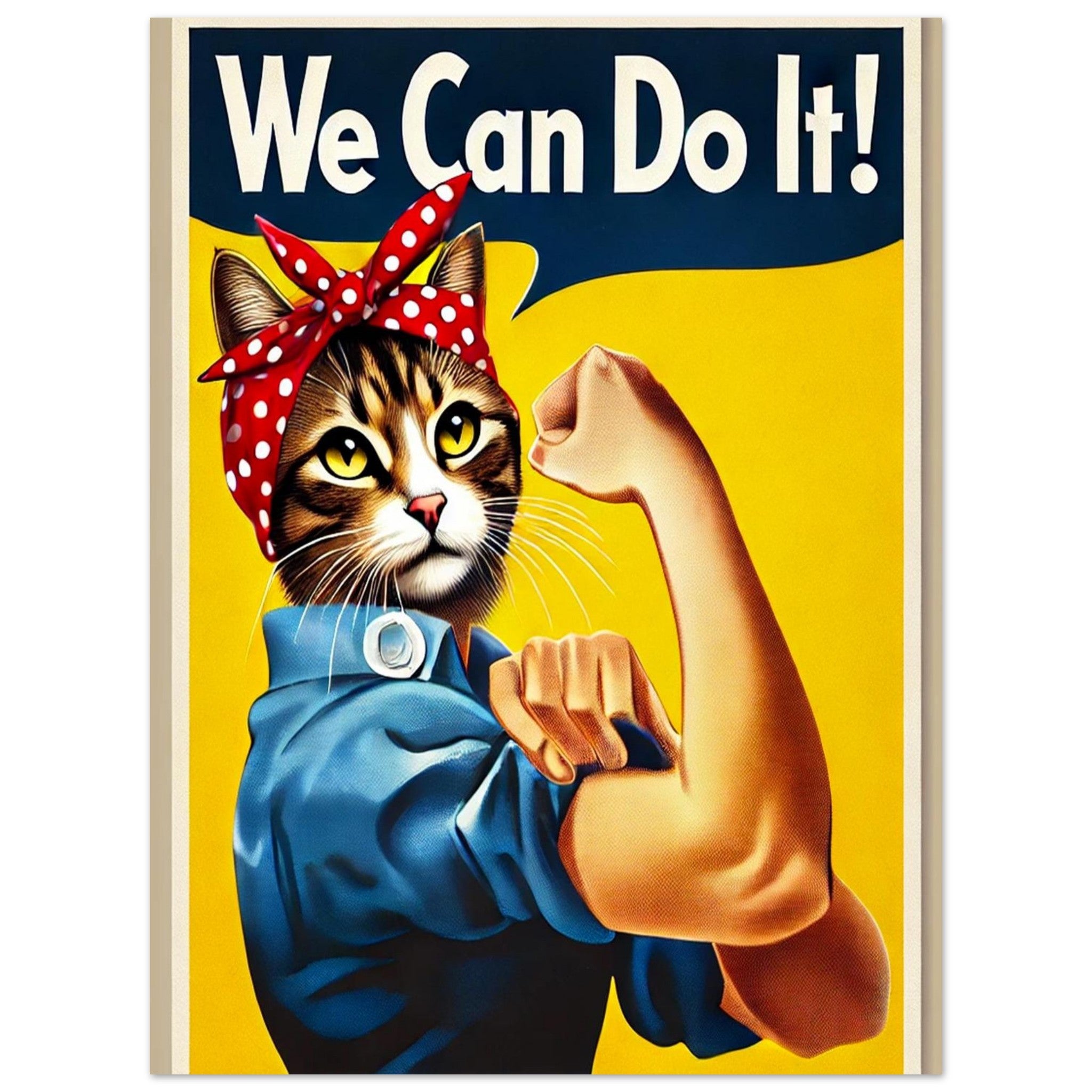 Chat dans le style de l’affiche « We Can Do It ! », portant un bandeau rouge à pois blancs et une chemise bleue, le bras musclé fléchi sur fond jaune.