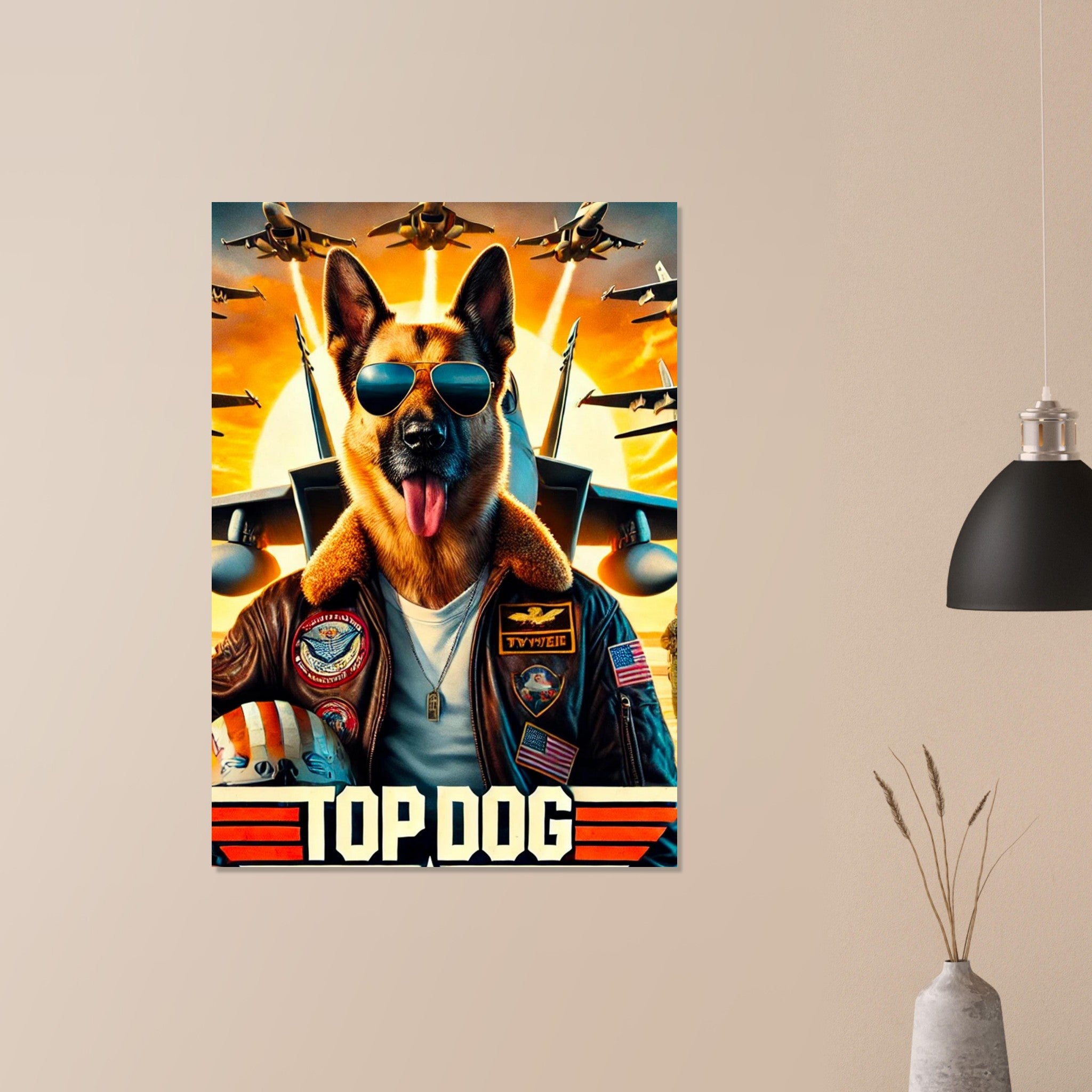 Berger allemand en tenue de pilote de chasse US (blouson à écussons, lunettes aviateur, casque à la main), avions de chasse en formation devant un soleil couchant, titre « Top Dog »