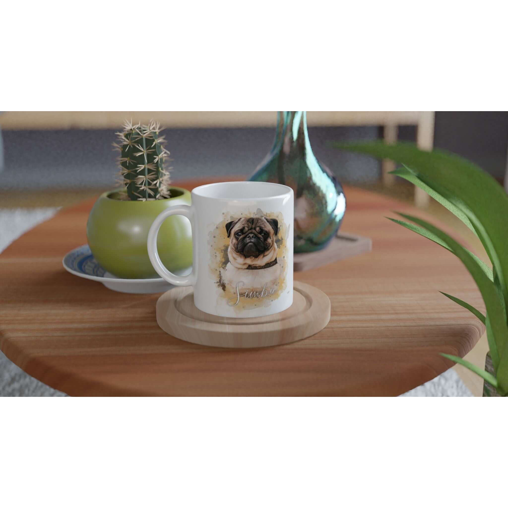 Tasse AQUARELLE personnalisée avec portrait de chien en costume, imprimée en France, sur une table en bois.