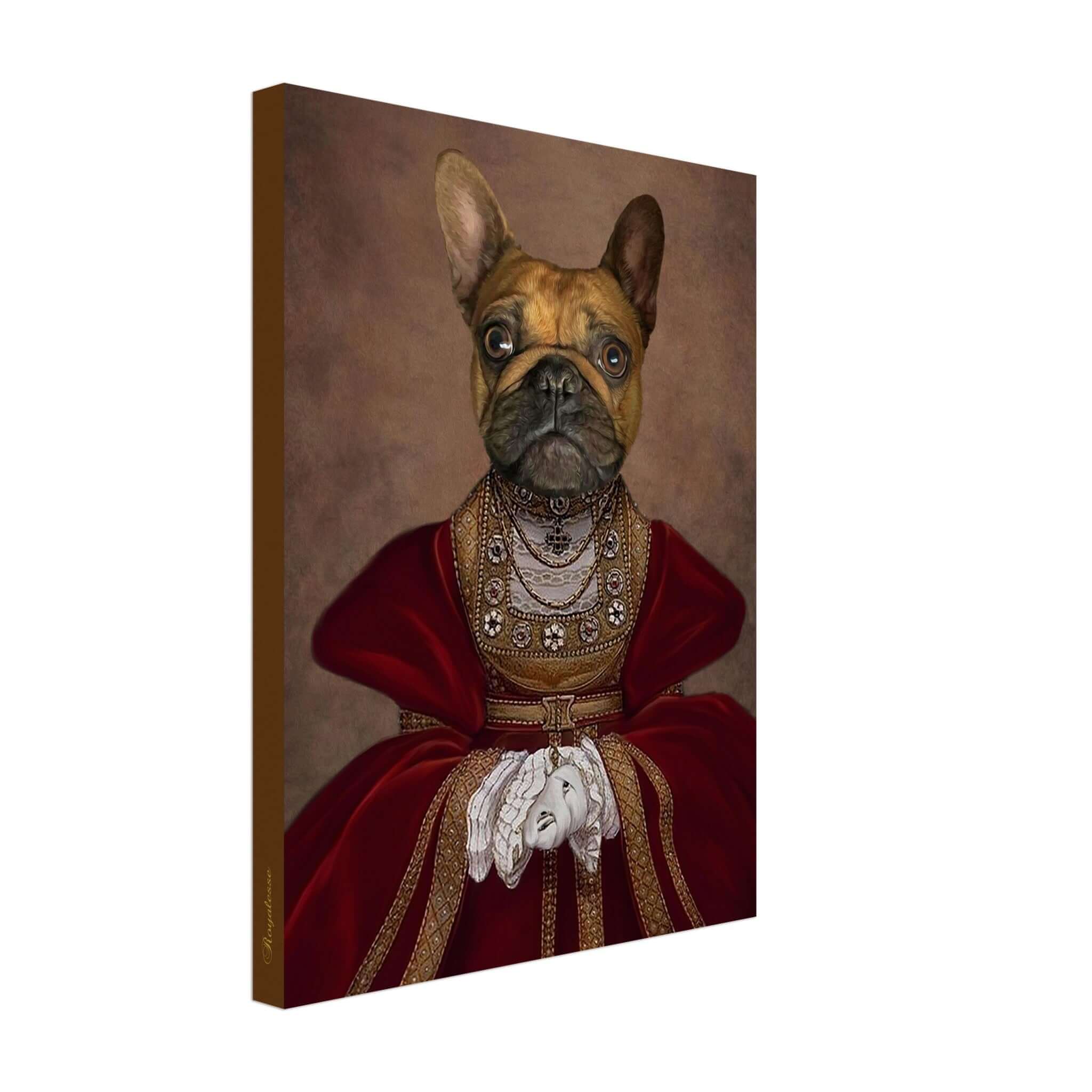 Portrait personnalisé d'un chien en costume royal, imprimé en France sur papier FSC. Œuvre d'art intemporelle sur toile.