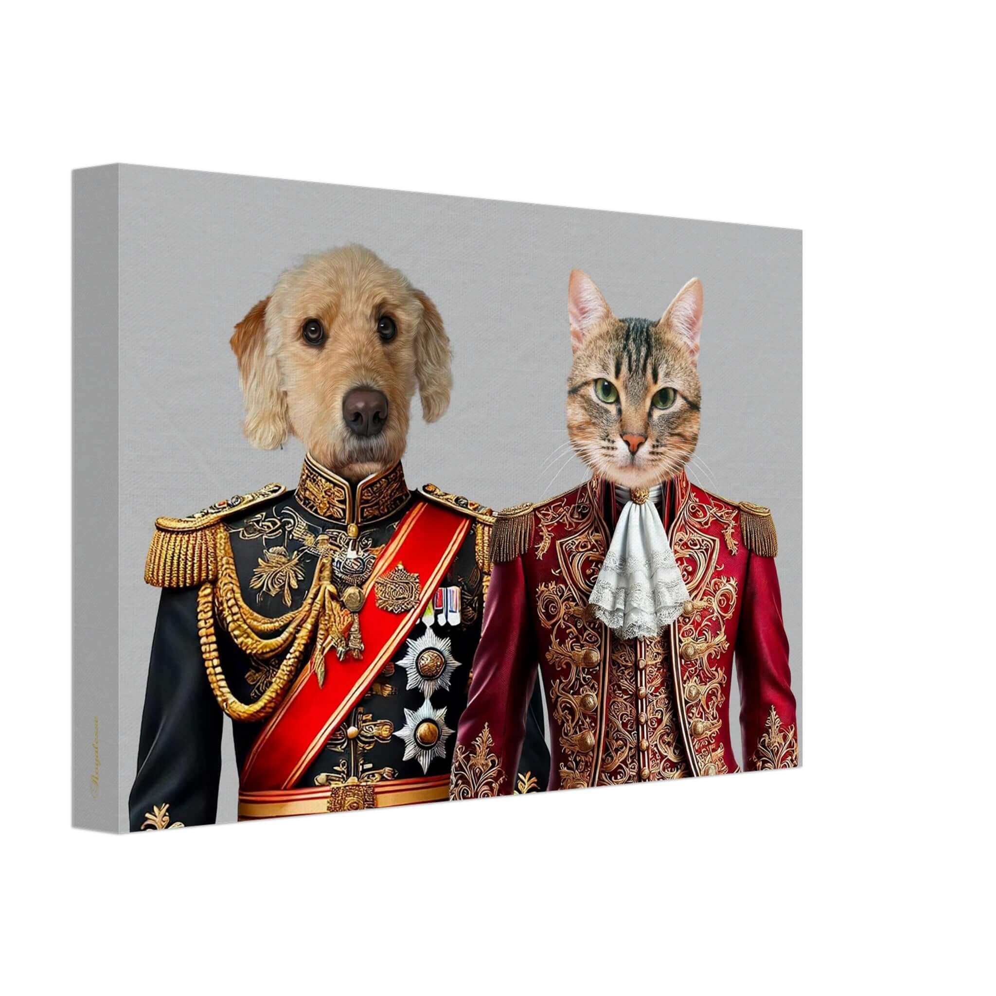 Portraits personnalisés d'animaux sur toile, chien et chat en tenue royale, imprimé en France, sur papier FSC.