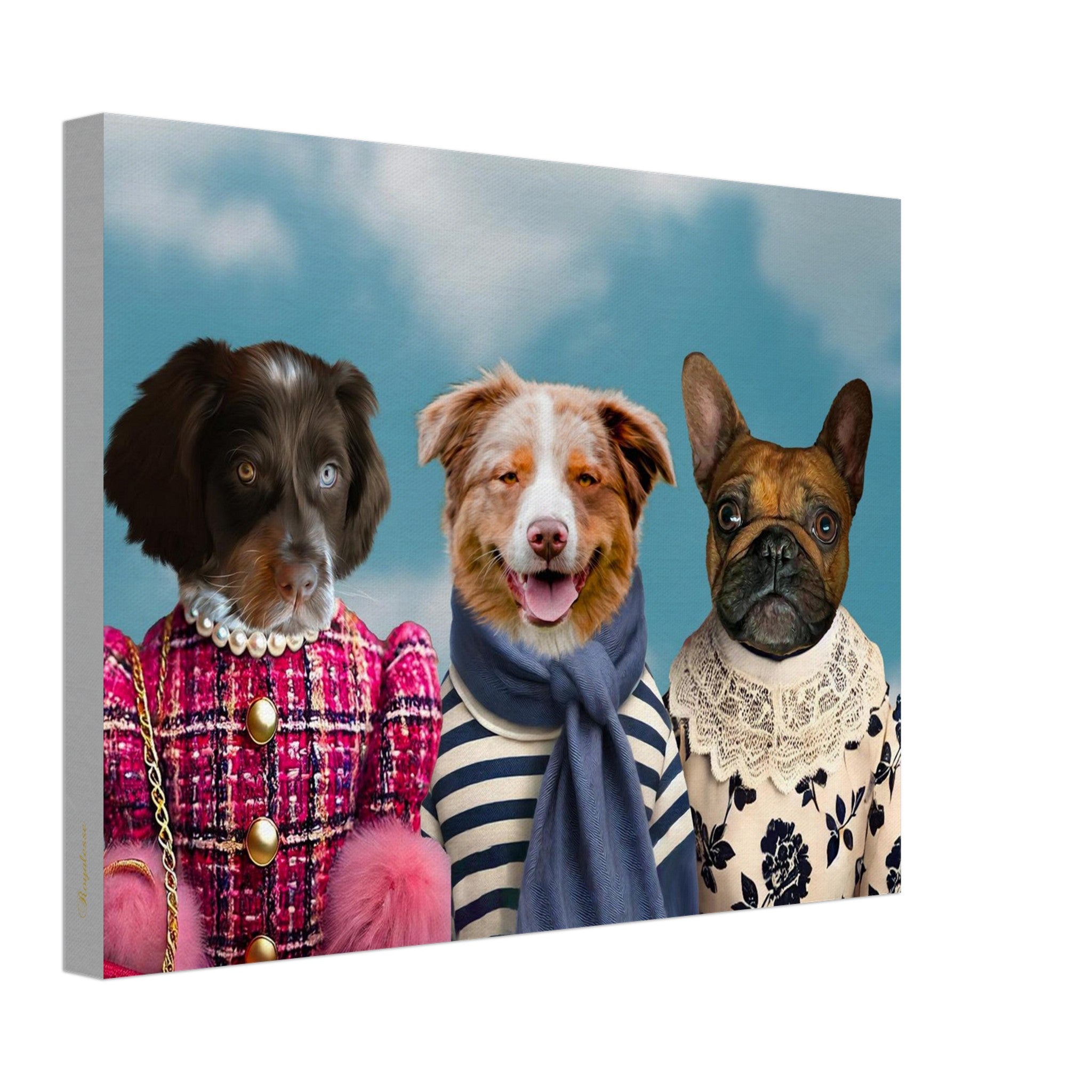 Toile trio parisien avec portraits d'animaux personnalisés en tenues élégantes, art intemporel pour sublimer vos souvenirs.