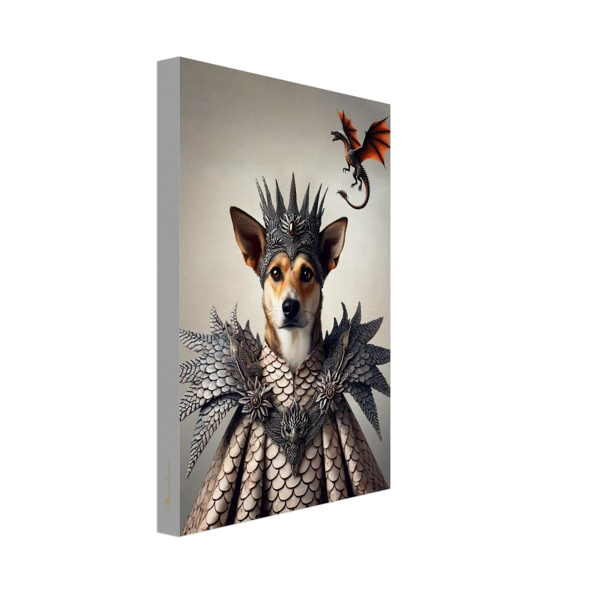 Portrait d'animal personnalisé : chien royal en costume de dragon, imprimé en France sur papier FSC, toile artistique intemporelle.