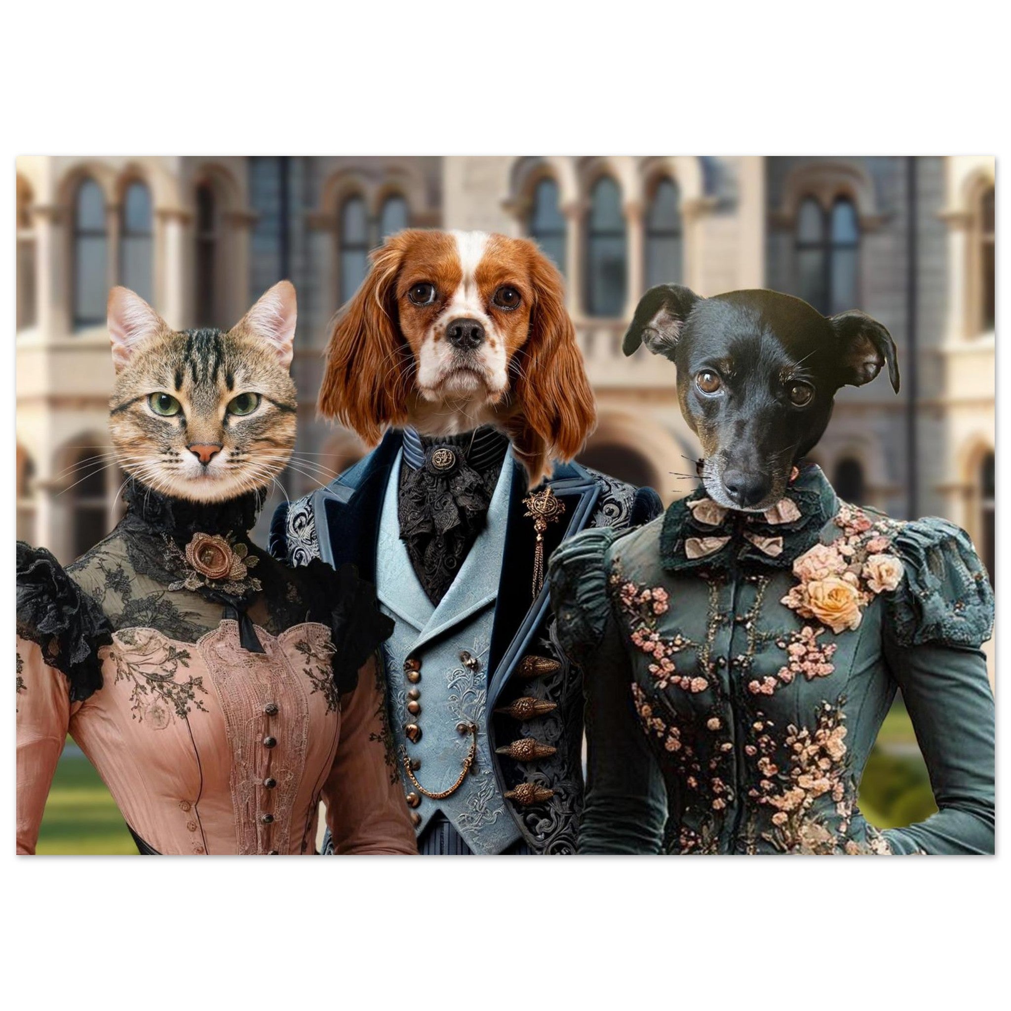 balise alt optimisée : Trois animaux anthropomorphes en tenues victoriennes – un chat tigré en robe rose brodée, un chien Cavalier King Charles Spaniel en costume bleu et un petit chien noir en robe verte fleurie, devant la façade d’un manoir.
