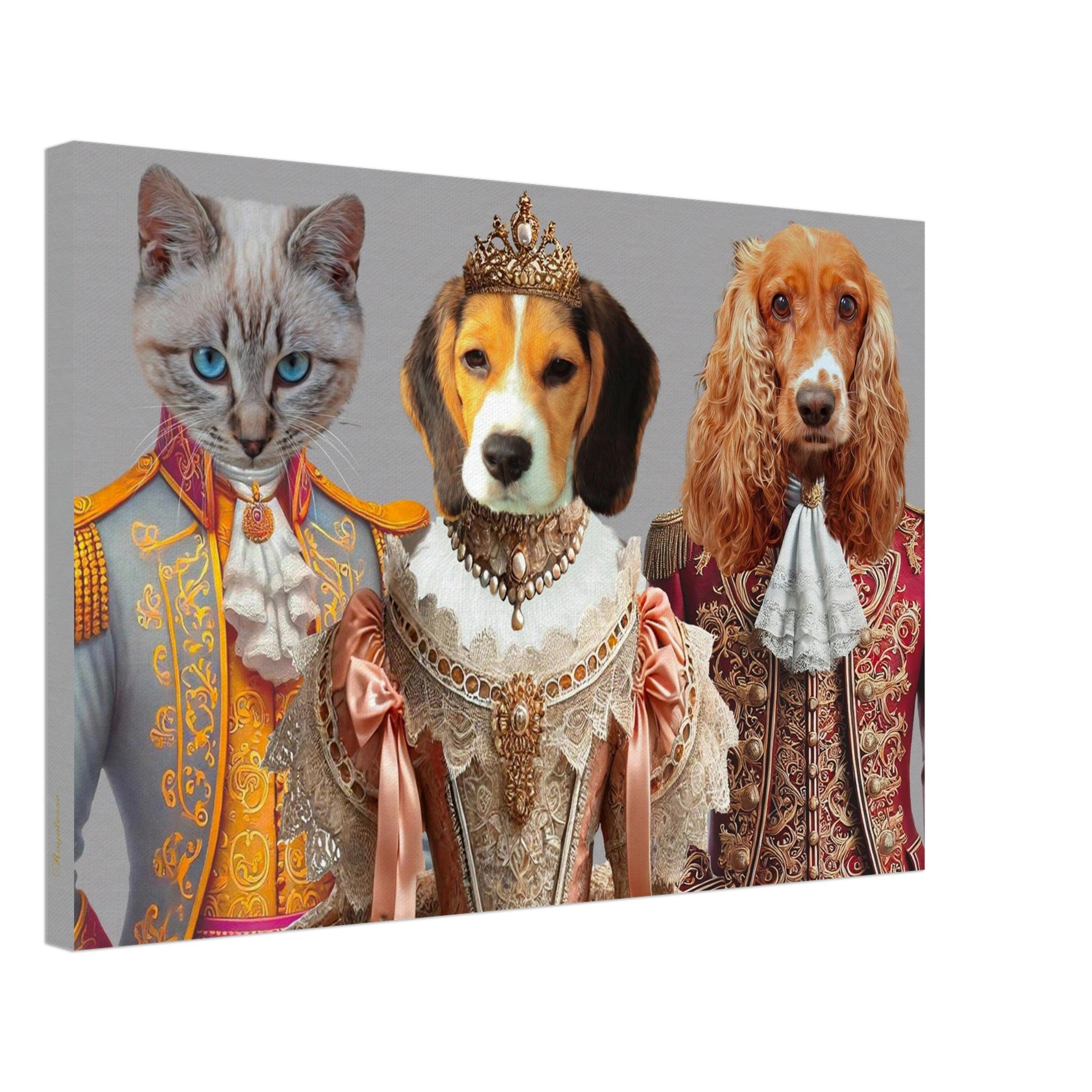 "Toile TRIO IMPERIAL : Portraits d'animaux en costumes royaux, art personnalisé pour animaux sur toile."