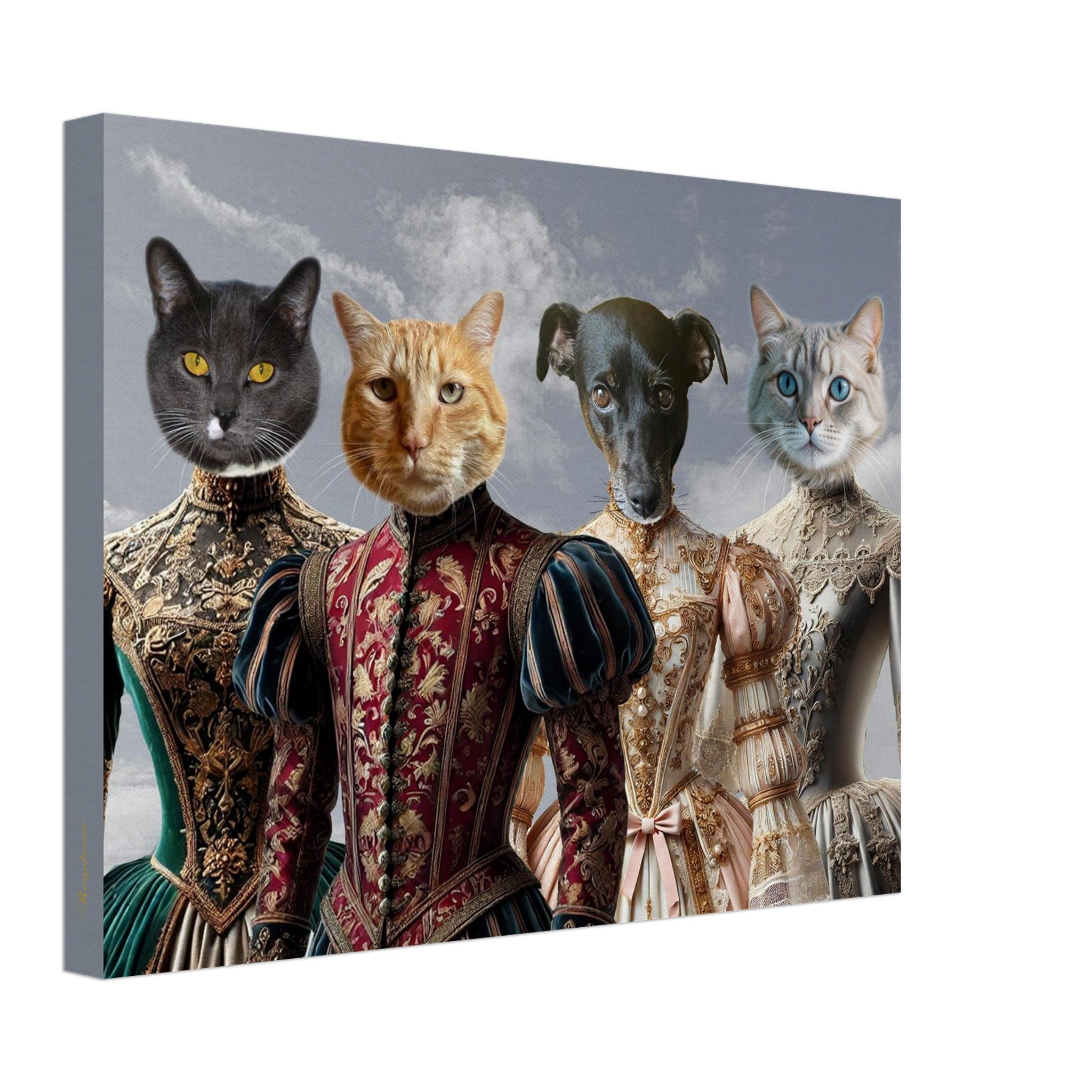 Impression sur toile d’un portrait stylisé de quatre animaux anthropomorphes (trois chats et un chien) vêtus de robes Renaissance richement brodées sur fond de ciel nuageux.
