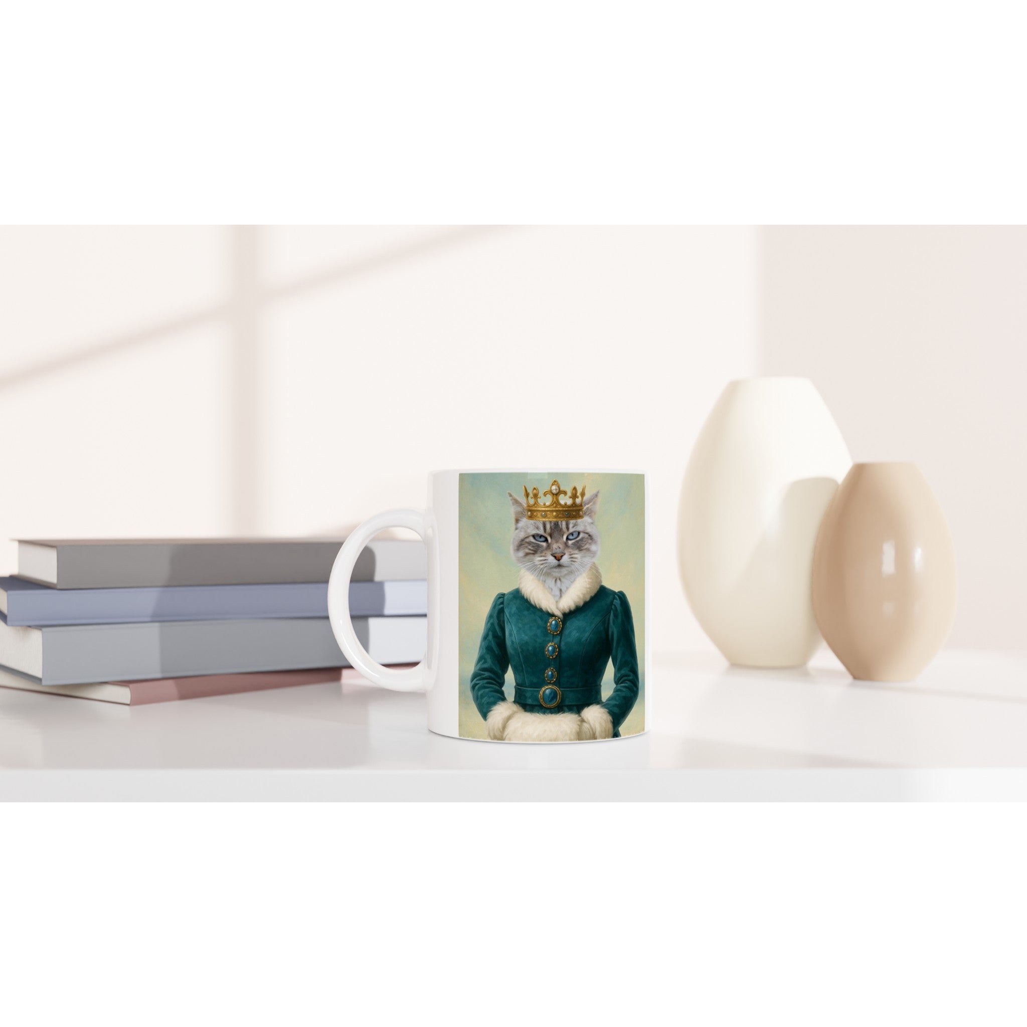 Mug blanc sur une table blanche illustré d’un chat couronné en robe verte d’inspiration victorienne, à côté de livres empilés et de vases décoratifs.