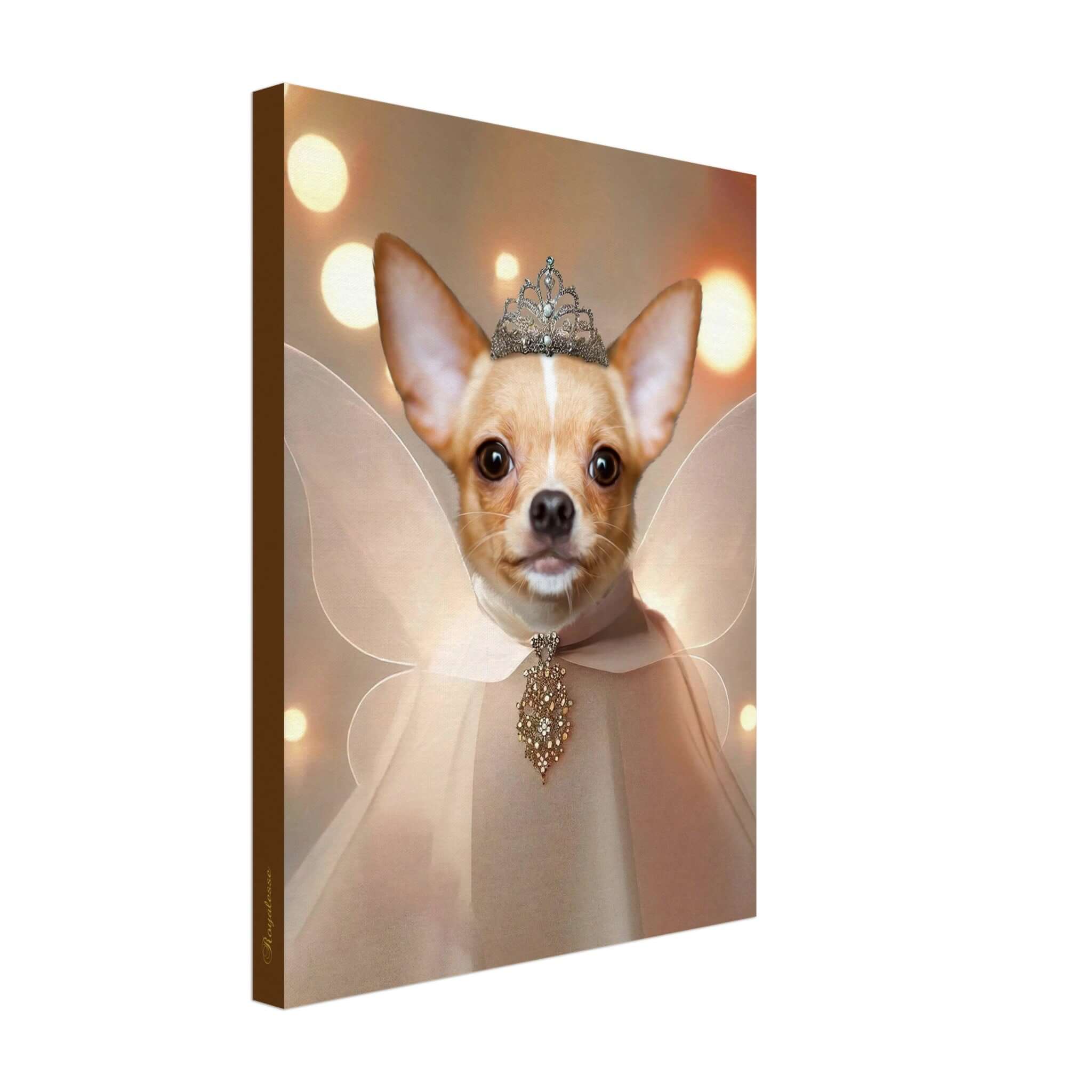 Portrait personnalisé de chien sur toile imprimé en France avec papier FSC, représentant un chien royal avec couronne et cape.
